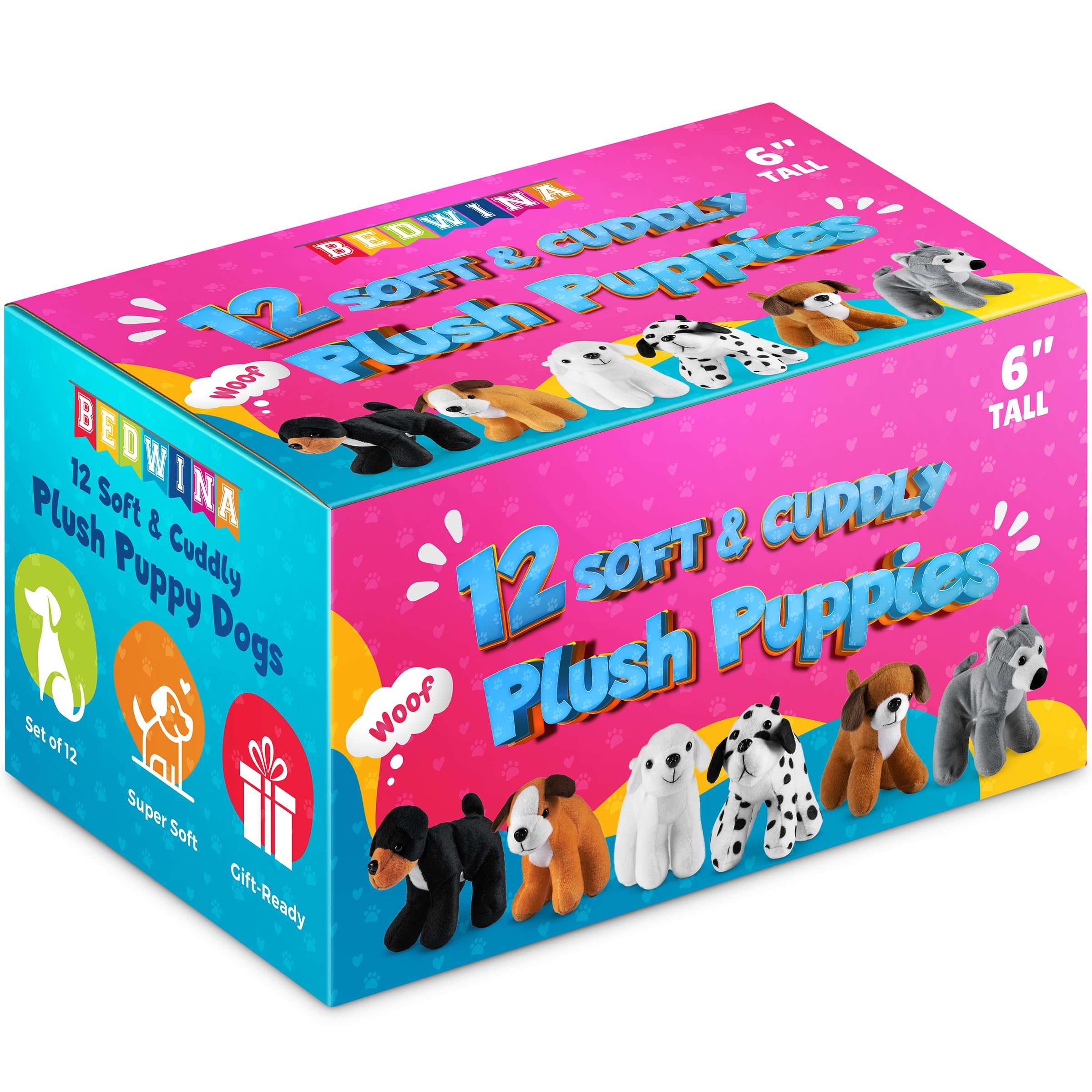 Bedwina Plush Puppy Dogs - (Pack of 12) 6 Inches Tall Small Stuffed Animals Bulk Assorted Puppies and Cute Stuffed Plushed Adopt-a-Puppy Dog Assortment Party Favors for Kids