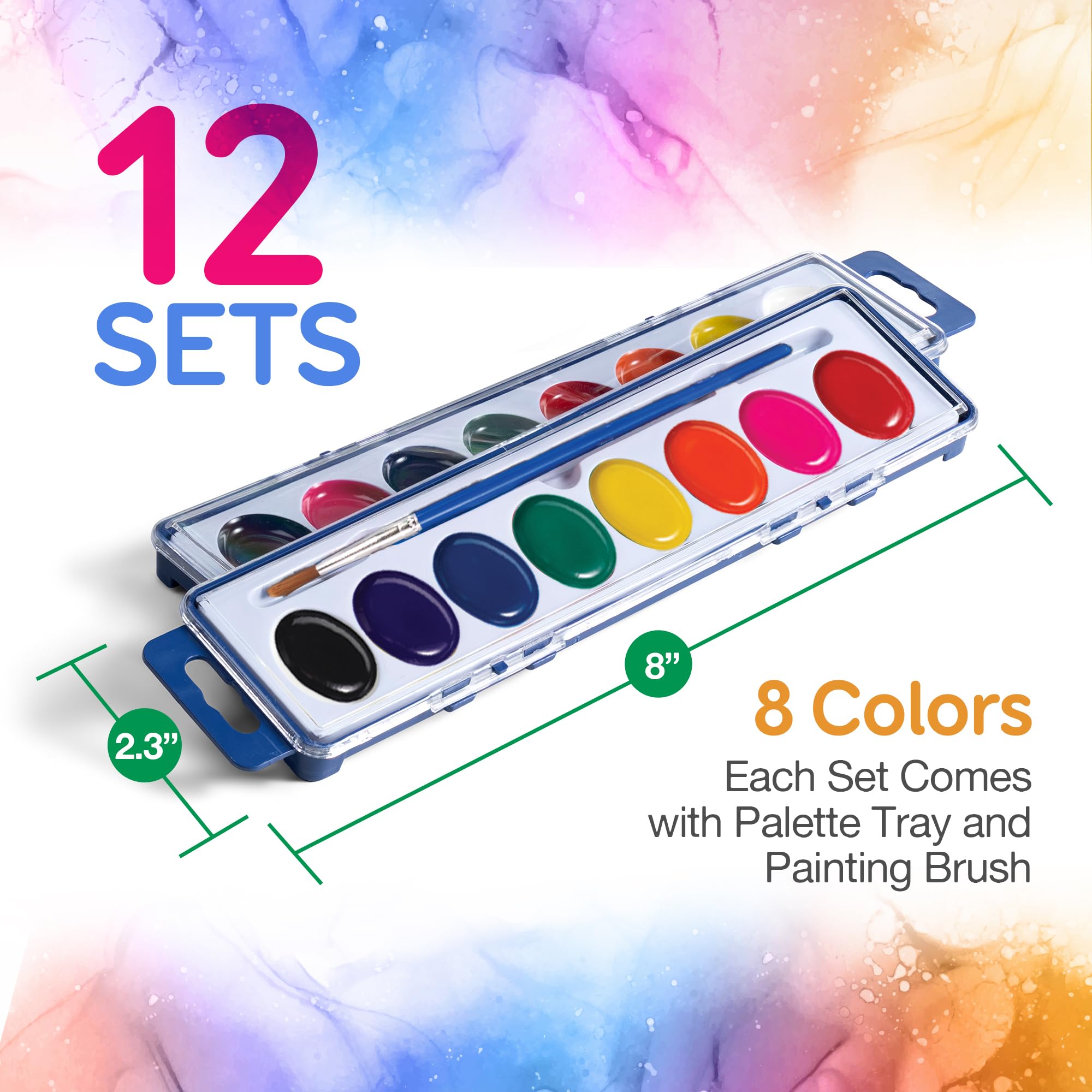 Bedwina Watercolor Paint Sets for Kids - Bulk Pack of 12, 8 Washable Water Color Paints in Palette Tray and Painting Brush for Coloring, Art, Classrooms and Paint Party Supplies