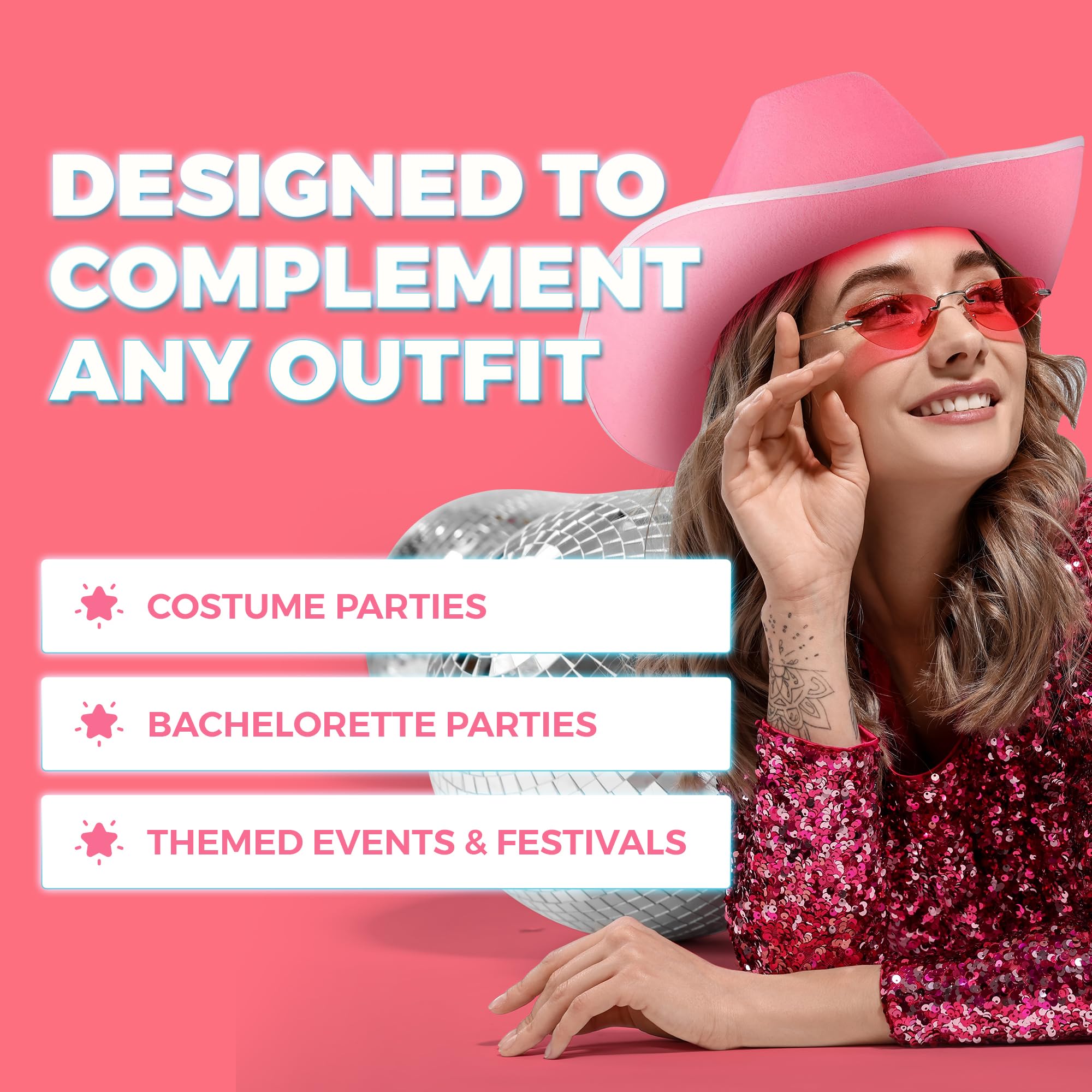 Bedwina Pink Cowgirl Hat for Women & Girls - Felt Western Cowboy Hat with White Trim & Adjustable Chin Strap - Bachelorette, Dress-Up, Rodeo, Costume Accessory, Party Favor, Themed Events