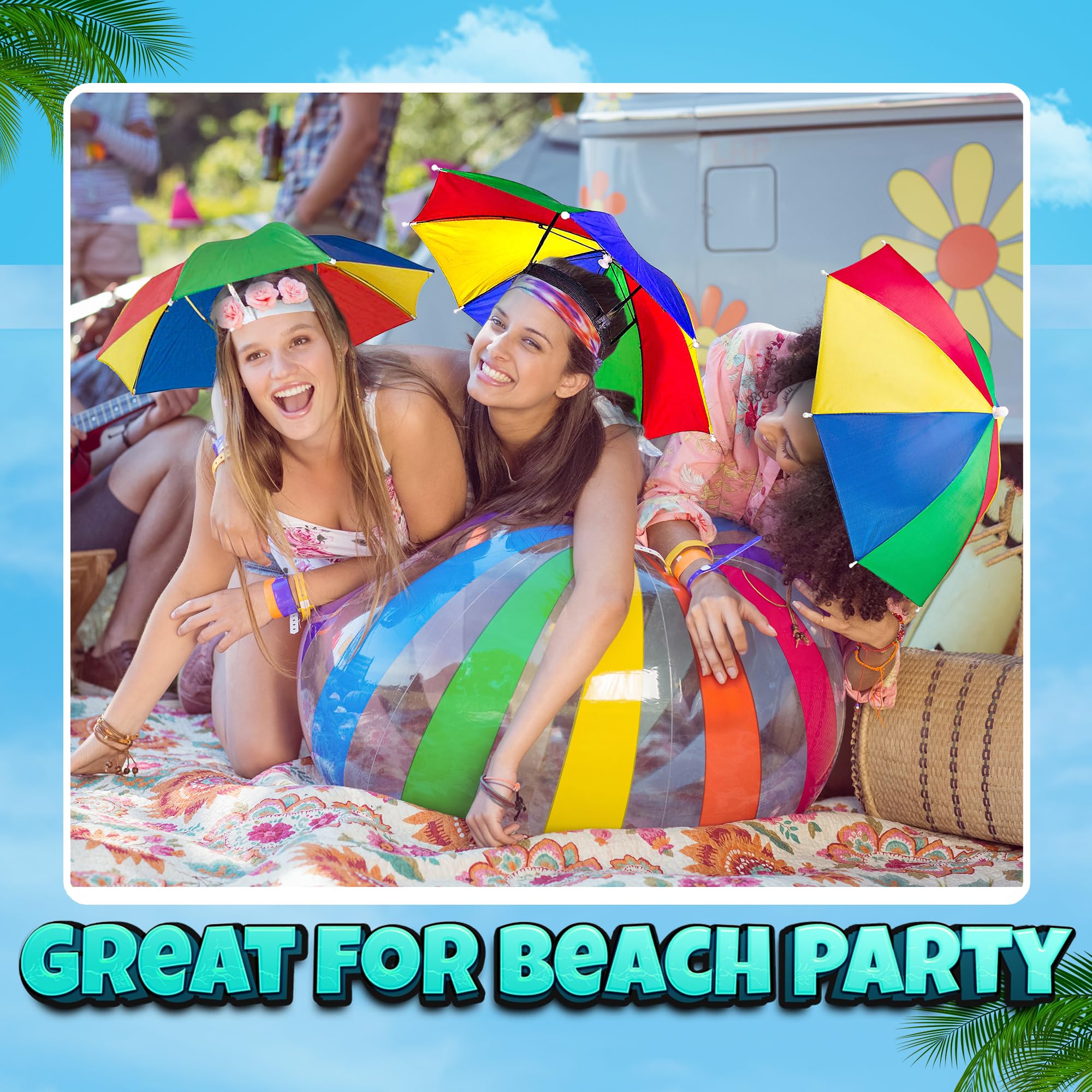 Bedwina Umbrella Hat Pack of 2 - Colorful Party Hats - 20 Inch, Hands Free, Funny Rainbow Colorful Beach Party Hats, Adjustable Size Fits All Ages, Kids, Men & Women