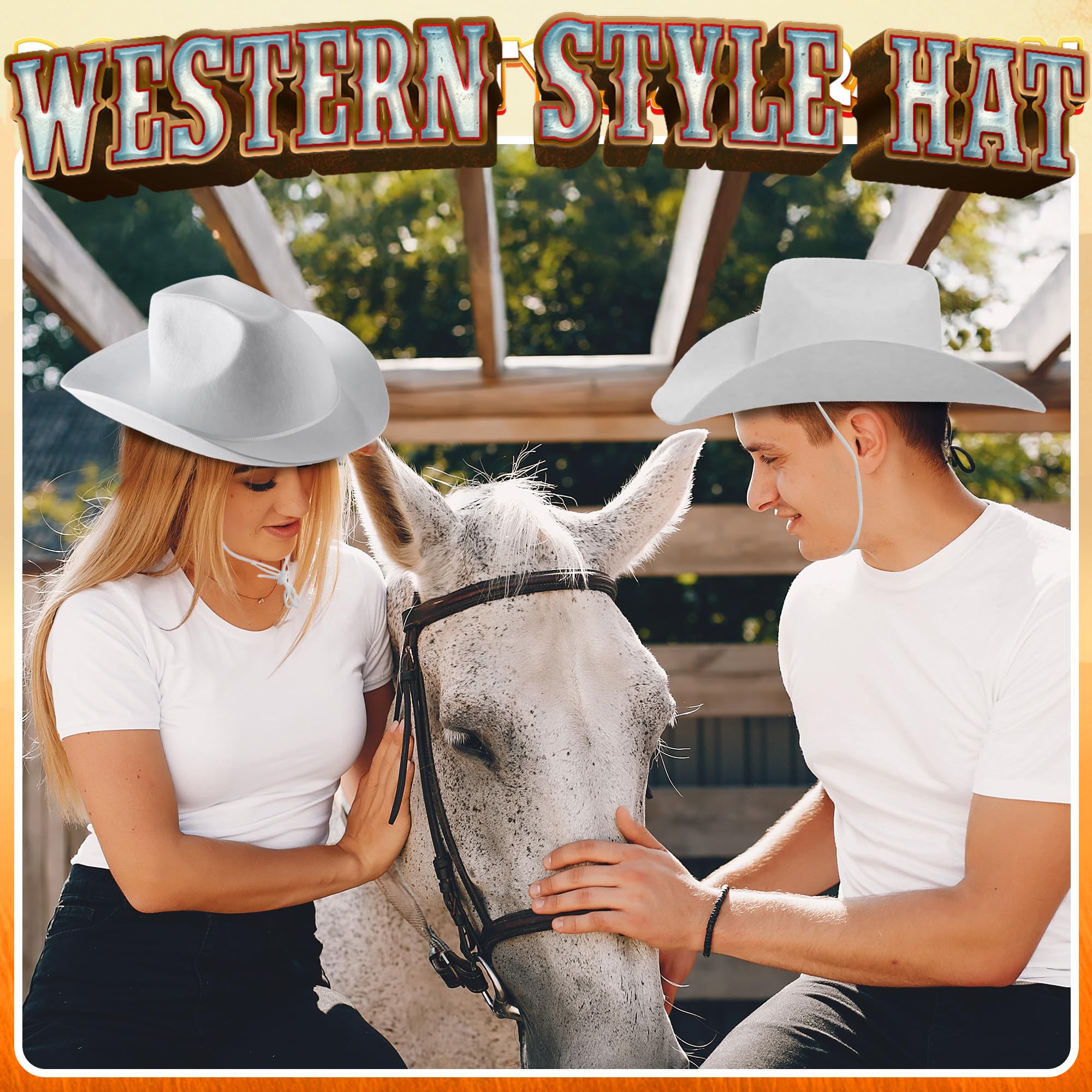 Bedwina White Cowboy Hats for Adults & Teens - (2 Pack) Felt Western Cowgirl & Cowboy Hats with Adjustable Chin Strap - Costume Accessory for Dress-Up, Rodeo, Party, Play, Festivals, Girls & Boys