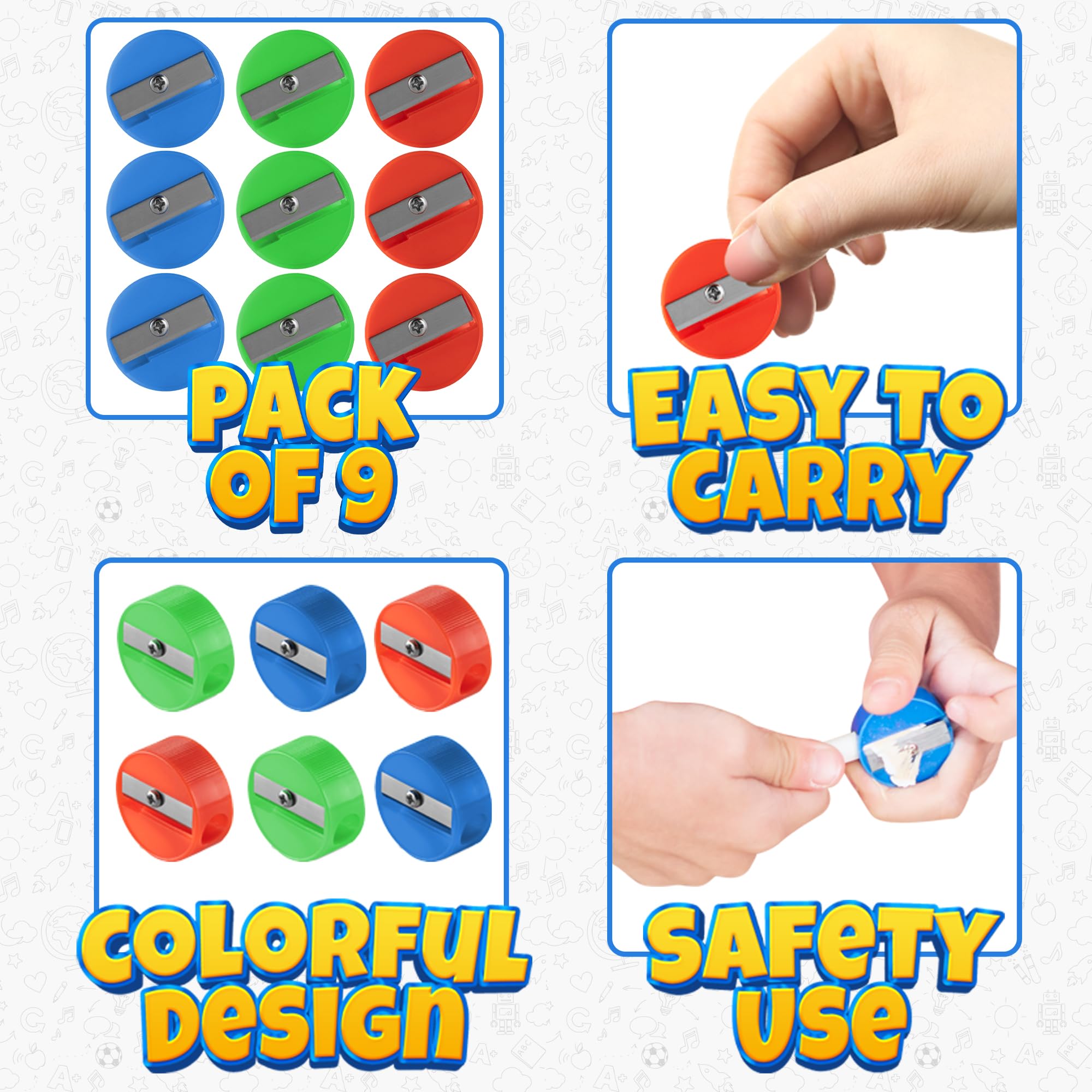 Bedwina Pencil Sharpeners - 9 Pack Pocket Sized Mini Handheld Colored Pencil Sharpener Manual for Kids, Plastic and Colorful for Party Favors, Goodie Bags, Classroom Prizes, School Supplies