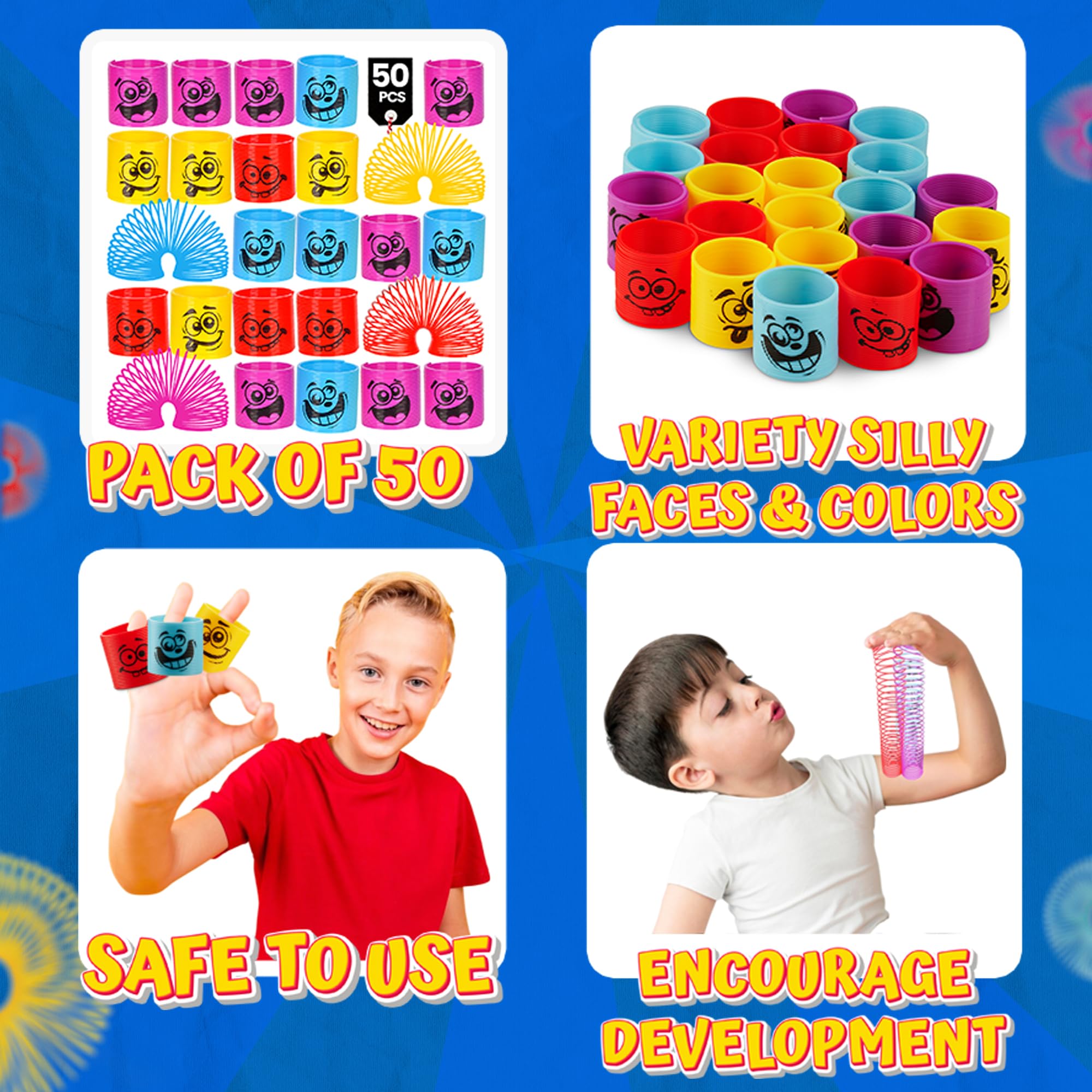 Bedwina Mega Pack of 50 Coil Springs for Kids - Assorted Silly Faces and Colors, Mini Plastic Spring Toy for Party Favors, Carnival Prizes, Gift Goodie Bag Filler, Stocking Stuffers