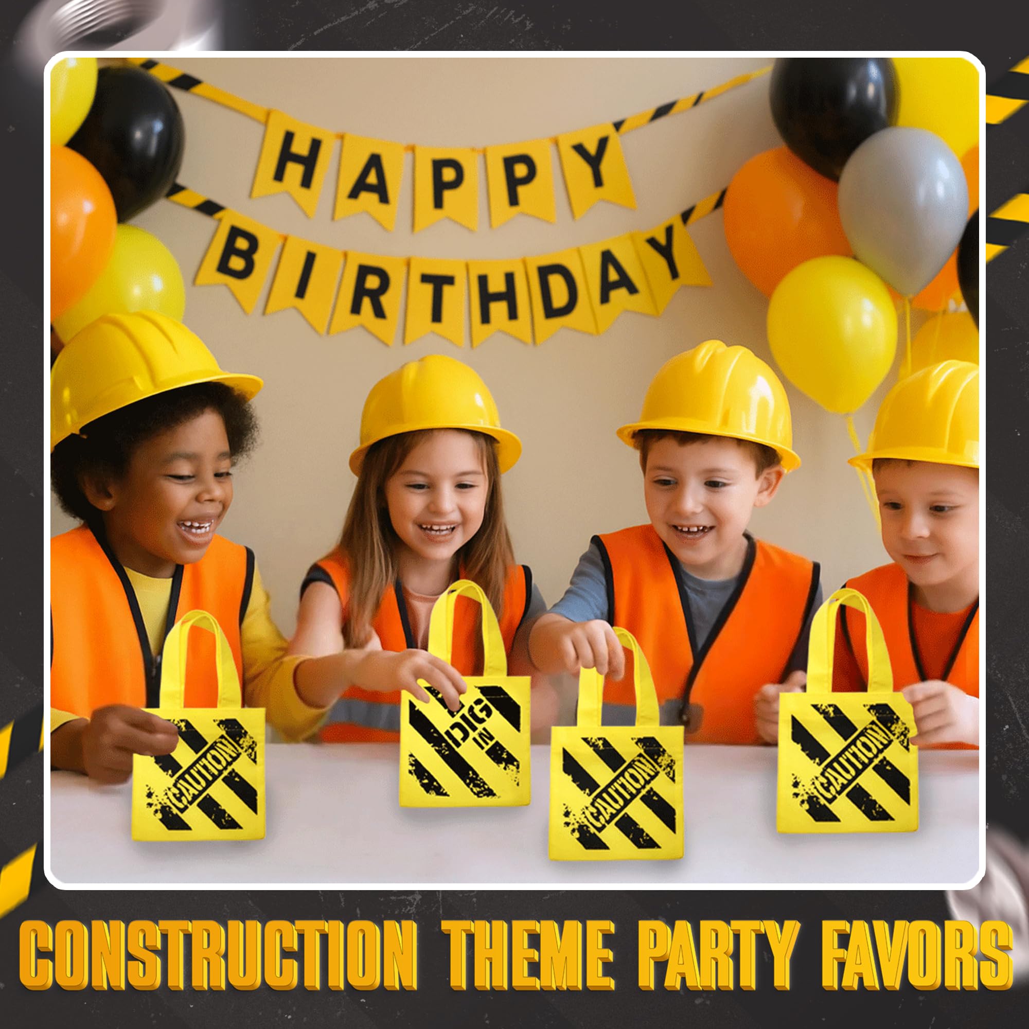 Bedwina Construction Themed Party Supplies - (24 Pack) Construction Party Favors Hat & Mini Tote Bag Supplies - (12) Yellow Construction Hats for Kids & (12) Construction Goodie Bags