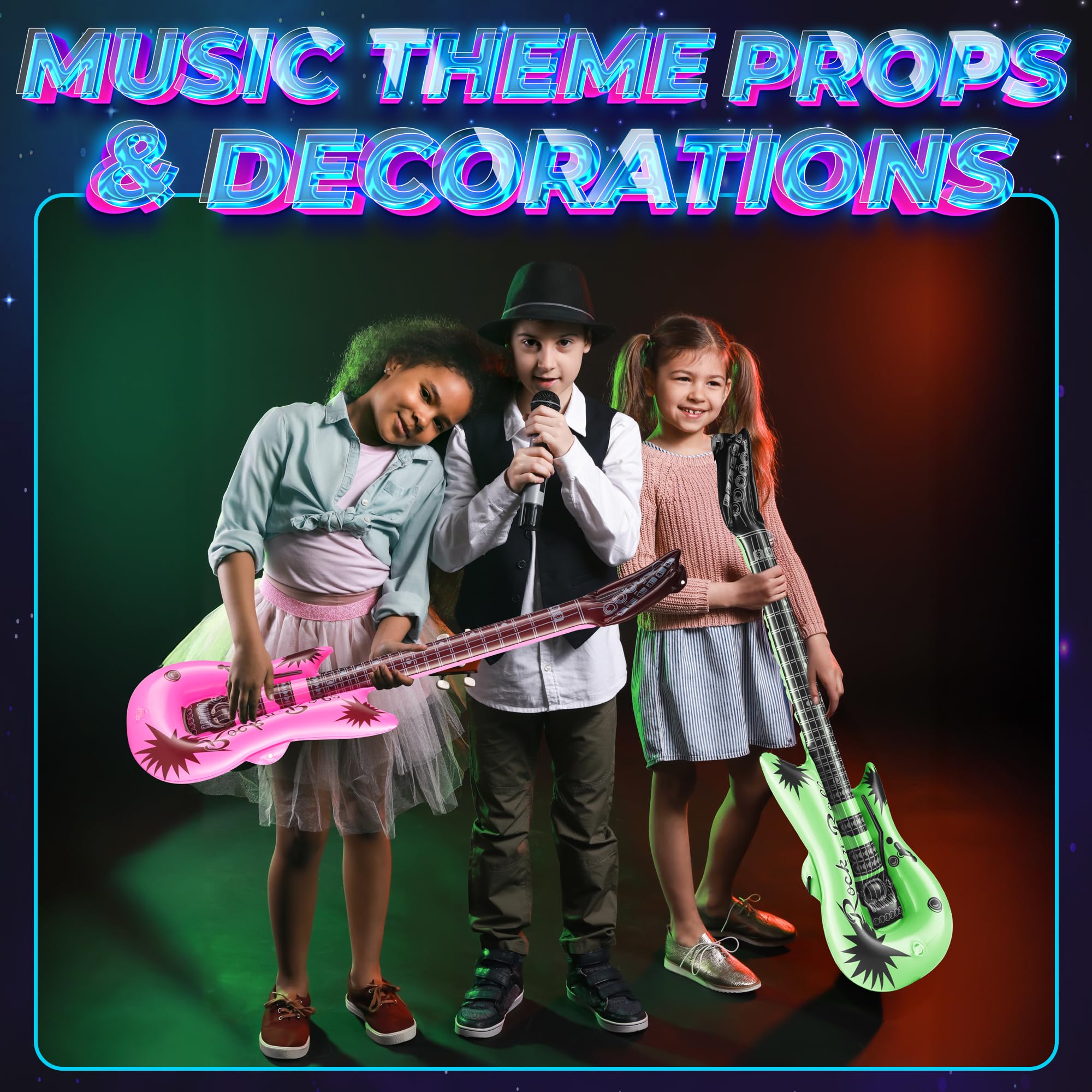 Bedwina Inflatable Guitars for Kids - 36-inch Neon Blow Up Guitar Instruments, Party Favors, Giveaways, DJ-Props, Photo-Booth, Birthdays, Rock Star, Rock and Roll Party Decorations