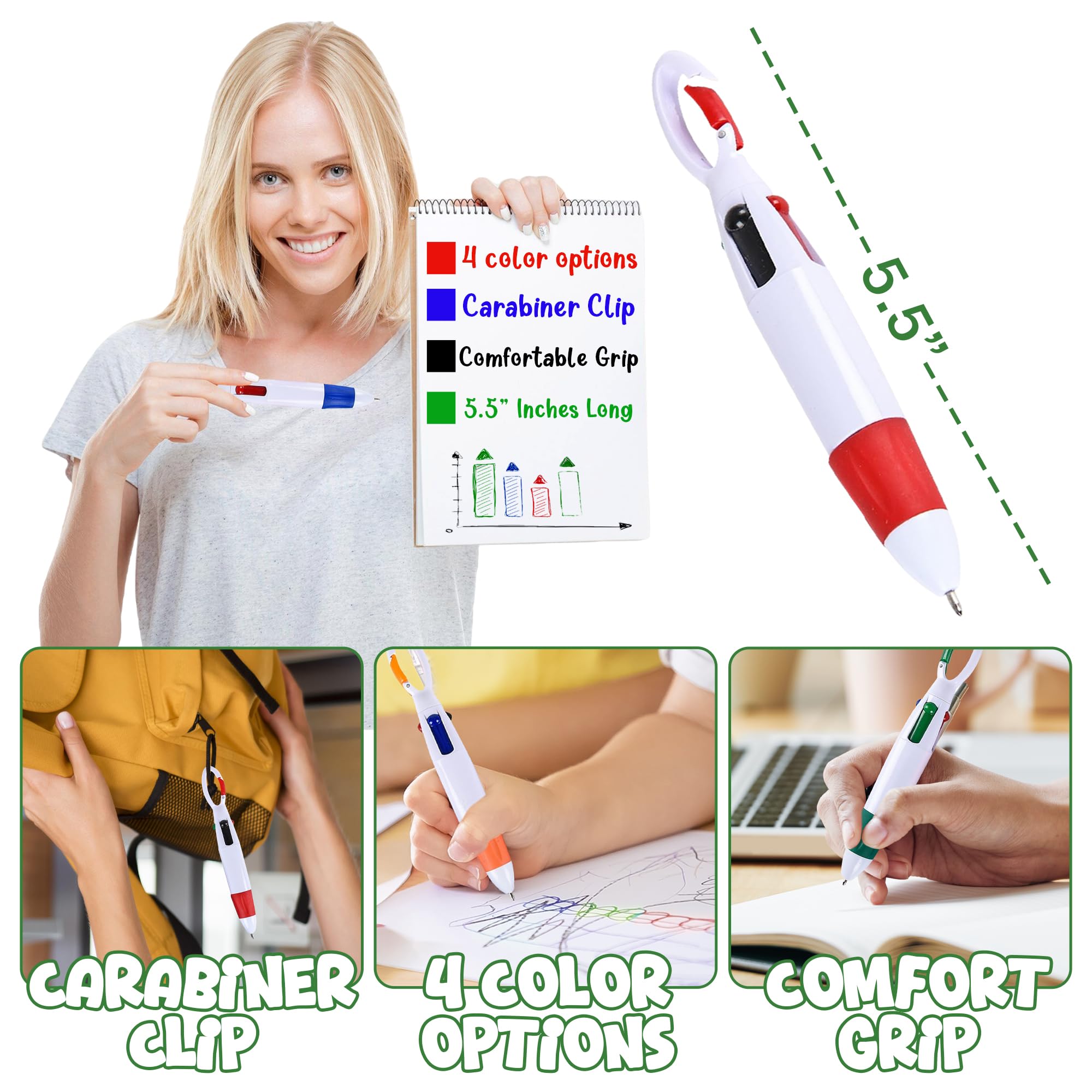 Retractable Shuttle Pens with Carabiner Clip - Pack of Bulk Mini 4-in-1 Multi-Colored Ink Ballpoint Pens with Keychain for Adults, Kids, Nurses, School, Stocking Stuffer Gifts, Party Favors