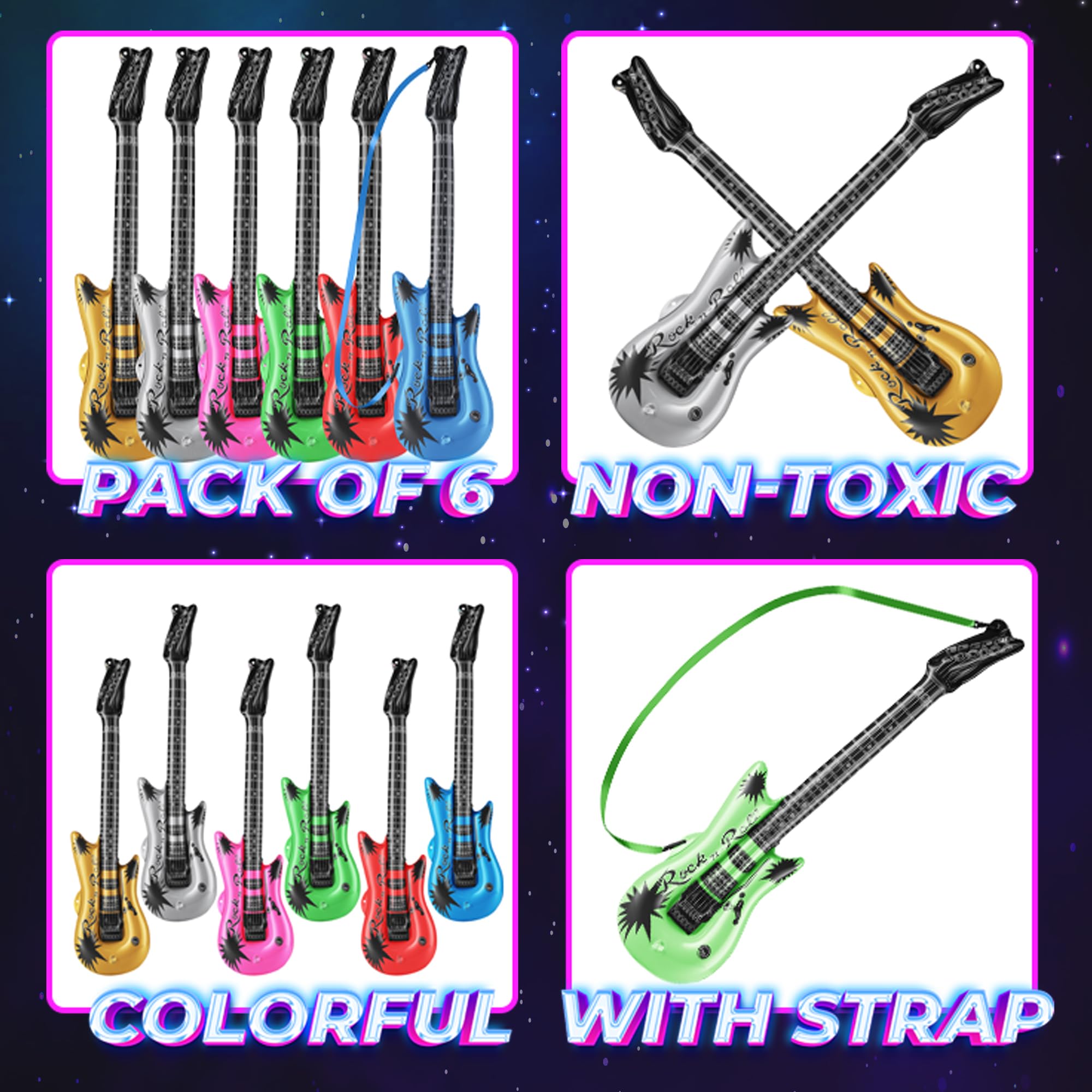 Bedwina Inflatable Guitars - (pack Of 6) 36-inch Colorful Blow Up Guitar With Strap, Party Favors, DJ-props, Photo-booth, Birthdays, Rock Star, Rock And Roll Party Decorations, 80s 90s Party Supplies