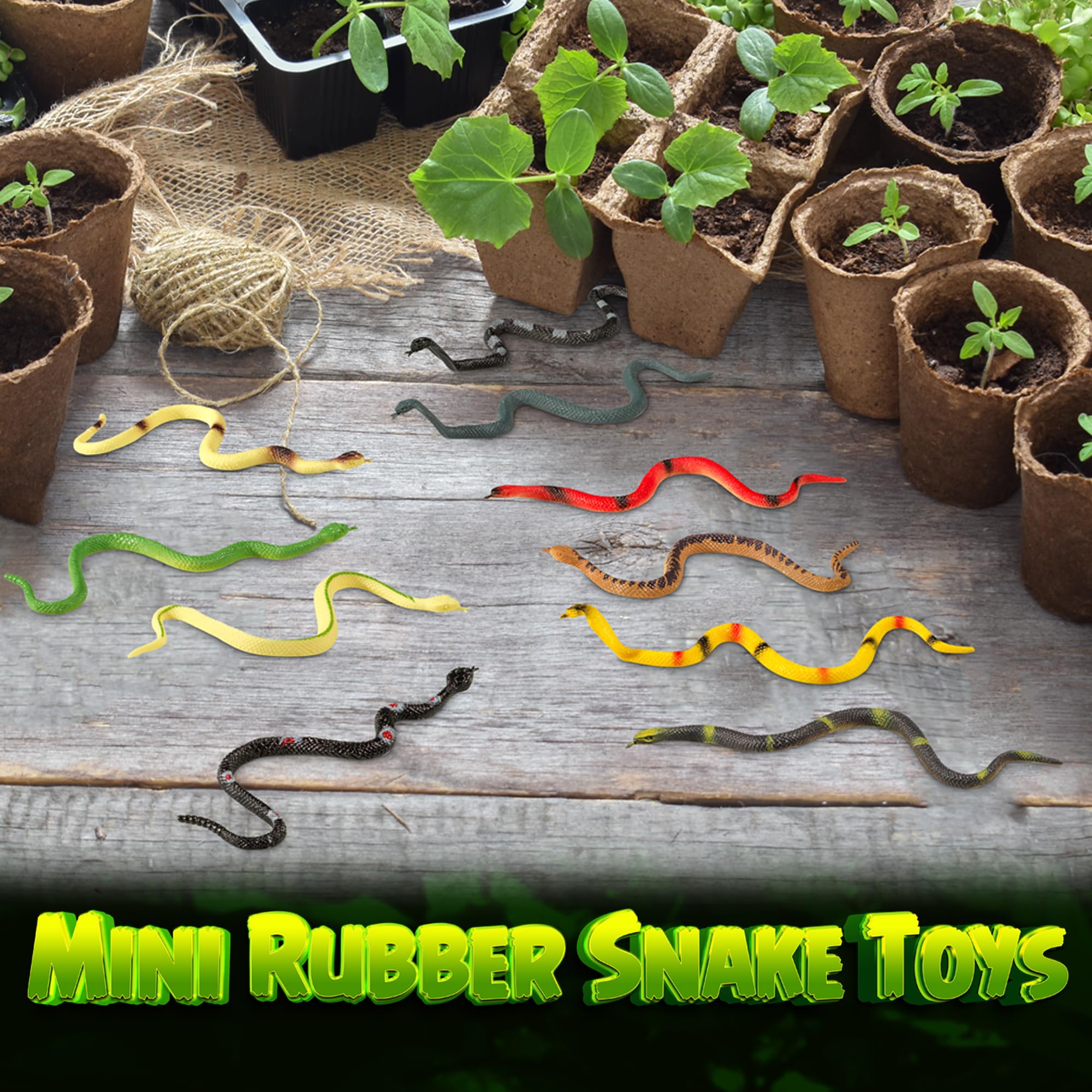 Bedwina Mini 6-Inch Rubber Snakes - (Pack of 24) Rain Forest Toy Snake Set, Assorted Plastic Fake Snake Toys for Kids, Party Decorations, Favors, Halloween Decor, Pranks and Keep Birds Away