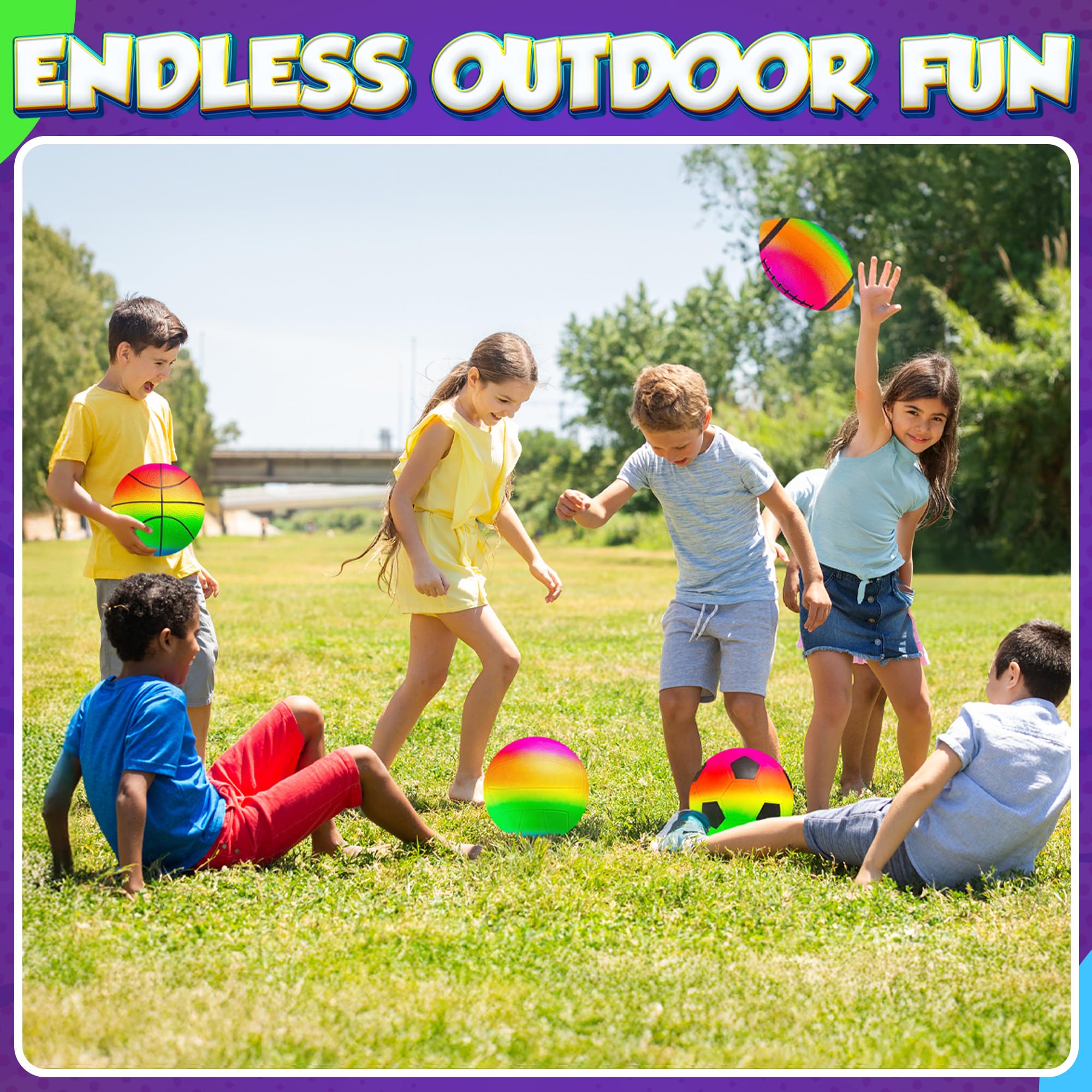 Rainbow Sports Balls for Kids & Toddlers - (Pack of 4) 8.5-Inch Neon Sport Ball Set Includes Football, Soccer, Basketball, & Playground Balls, Inflatable Indoor & Outdoor Fun Toys - Hand Pump Included