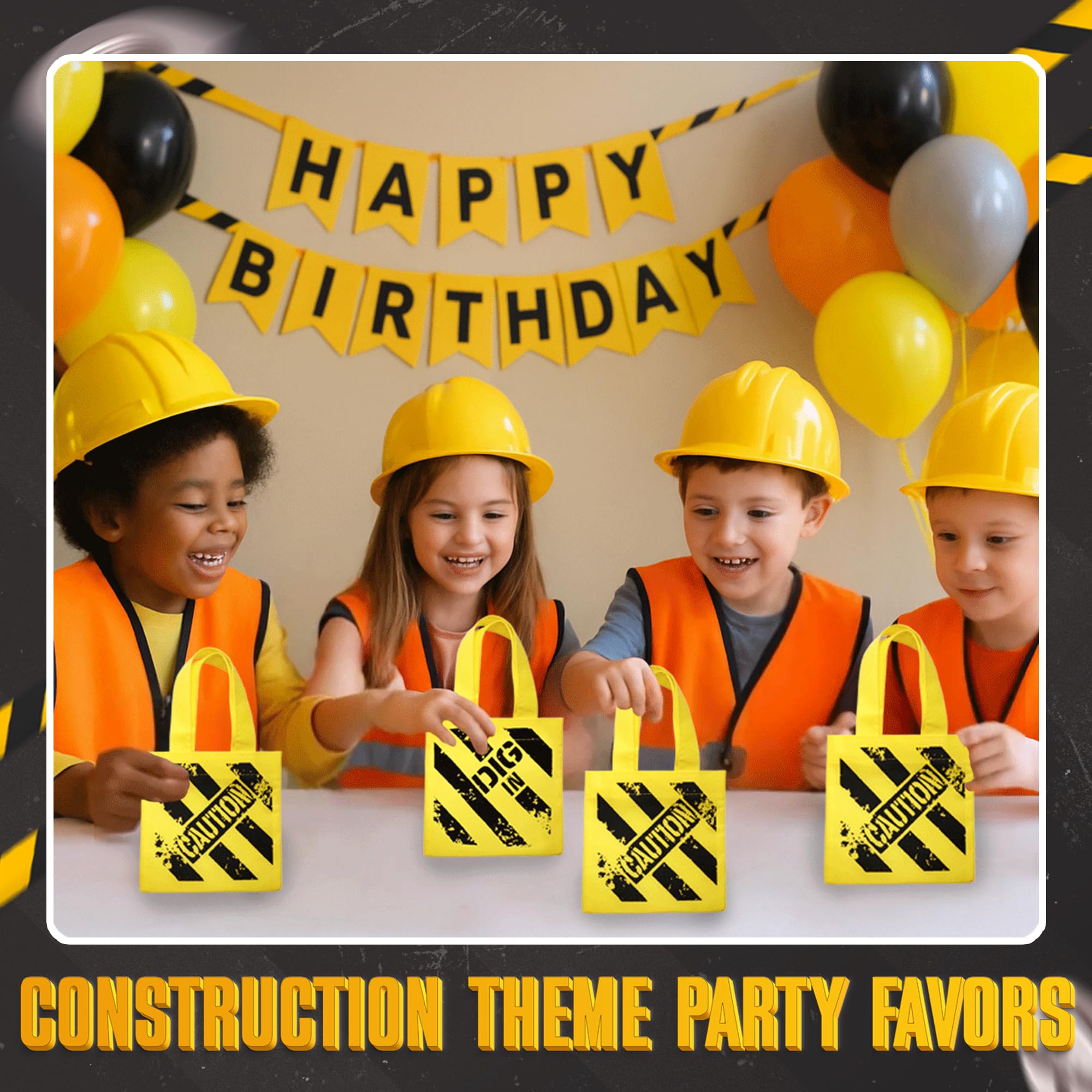 Bedwina Construction Birthday Party Supplies 48 Under Construction Party Decorations Themed Mini Non-Woven Canvas Tote Gift Bags with Handles for Kids and Goodie Bags for Boys