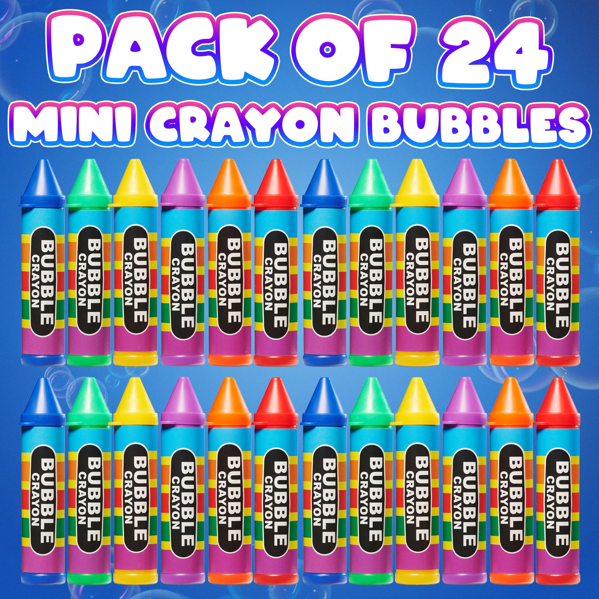 Mini Crayon Bubbles for Kids - (Pack of 24) Bulk 1 Fl Oz Bottles with Wands - Crayon Shape Bubbles in Bright Assorted Colors - Non-Toxic Mini Outdoor Party Favor Toys, Goodie Bags for Spring & Summer