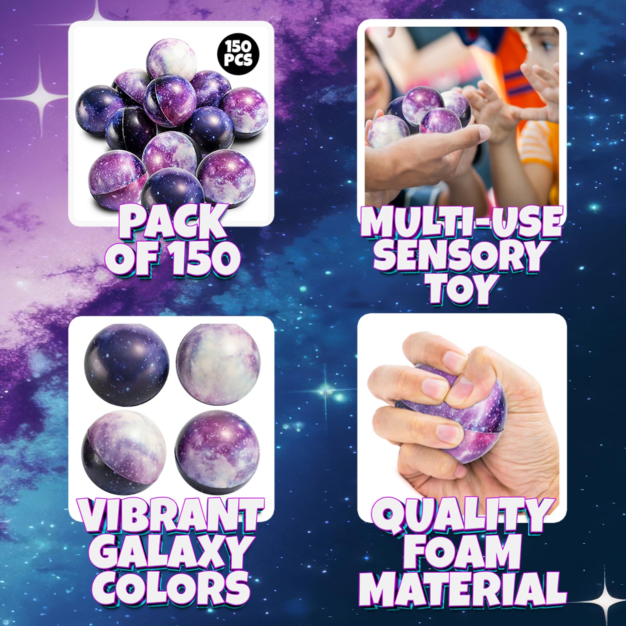 Bulk 150 Galaxy Stress Balls for Kids - Squeeze Anxiety Fidget Sensory Balls for Children with Outer Space Theme, Toys for Party Favors and Birthday Party Supplies