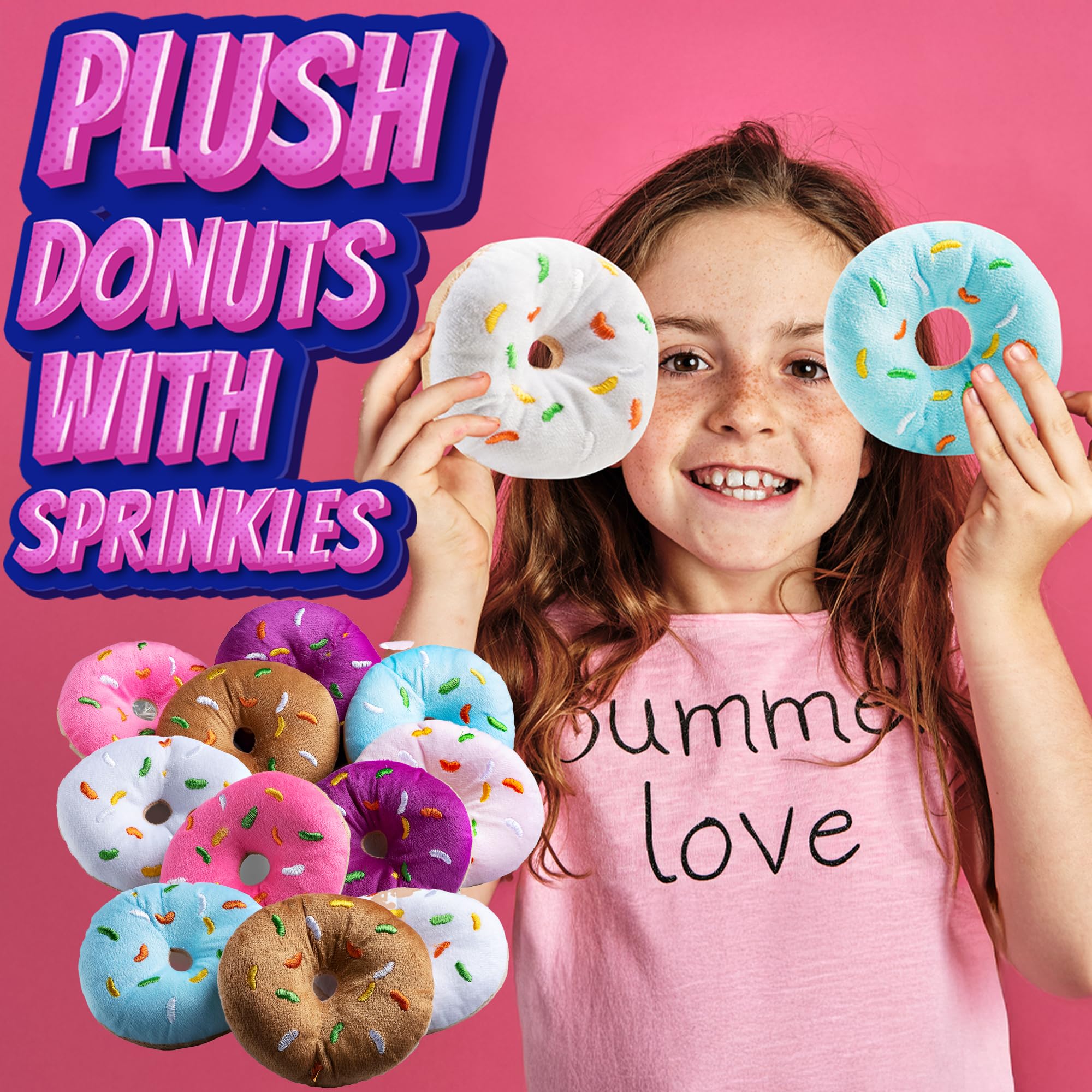 Bedwina Plush Donuts with Sprinkles - (Pack of 12) 1 Dozen Stuffed Donut Pillow Toy Party Favors, Donut Party Supplies Decorations and Stocking Stuffers for Kids