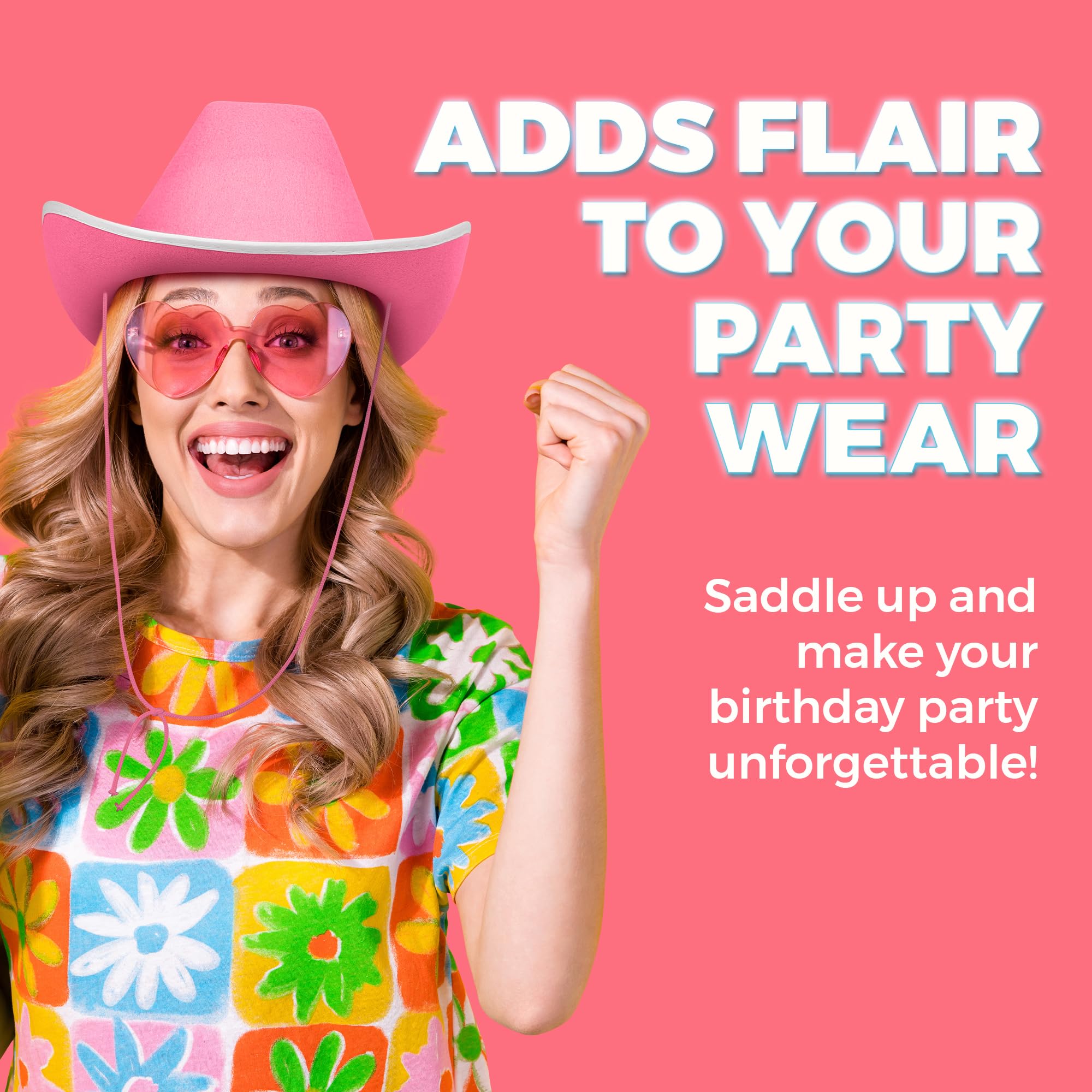 Bedwina Pink Cowgirl Hat for Women & Girls - Felt Western Cowboy Hat with White Trim & Adjustable Chin Strap - Bachelorette, Dress-Up, Rodeo, Costume Accessory, Party Favor, Themed Events