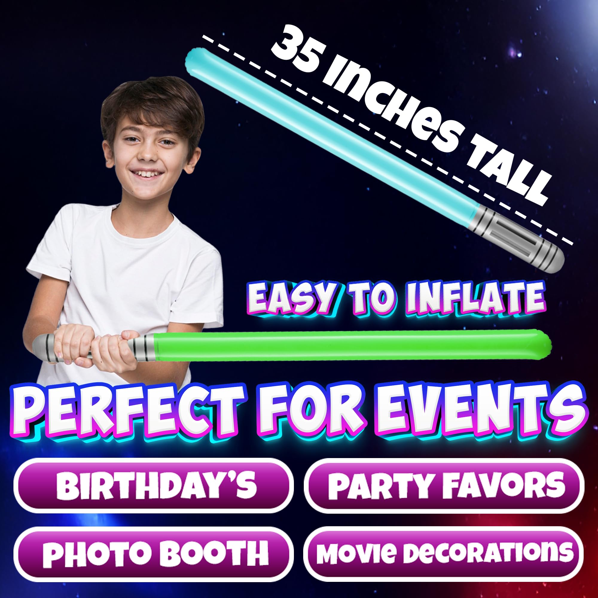 Bedwina Inflatable Light Sabers for Kids - (Pack of 12) 35-inch Neon Color Blow-Up Toy Saber Swords, Party Favors, Goodie Bags, Star Galaxy Theme Birthdays & Prize Toys