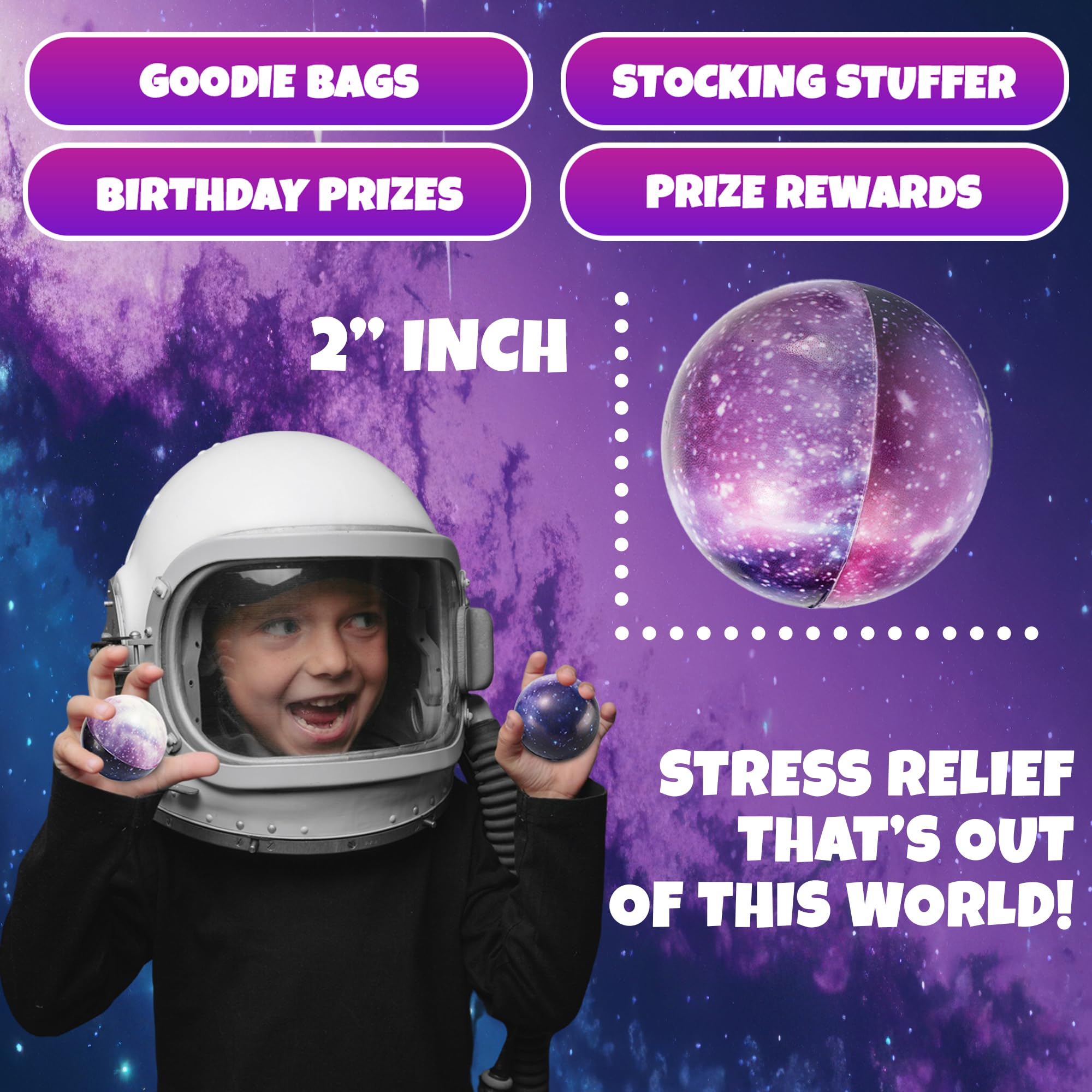 Galaxy Stress Balls for Kids - Pack of 50 Bulk - Squeeze Anxiety Fidget Sensory Balls for Children with Outer Space Theme, Great Toys for Party Favors and Birthday Party Supplies