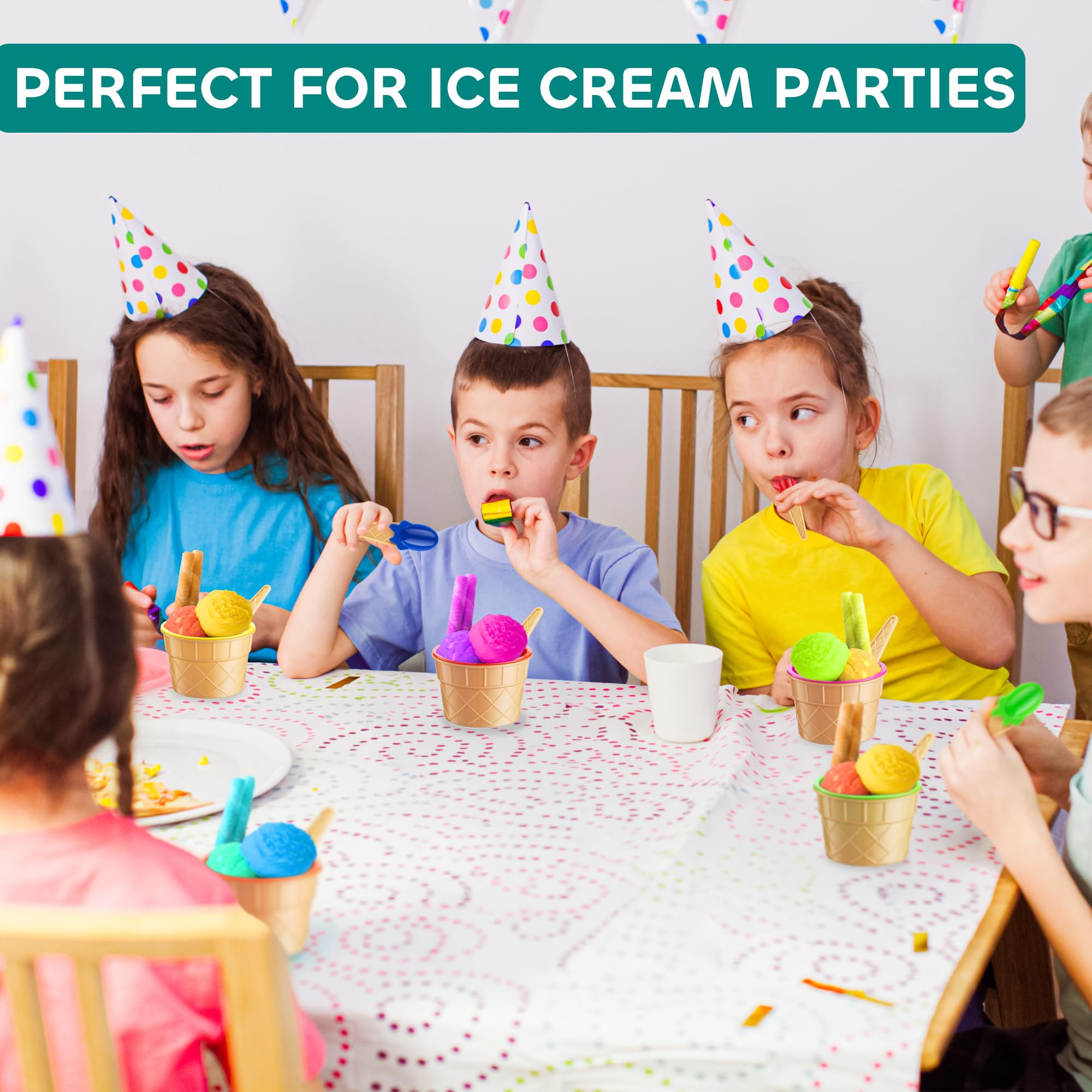 JoyServe Ice Cream Bowls and Spoons Set - Reusable Plastic Ice Cream Cups and Waffle Cone Shaped Spoons for Dessert Ice Cream Sundaes, Frozen Yogurt, Gelato, Birthday Party Decorations