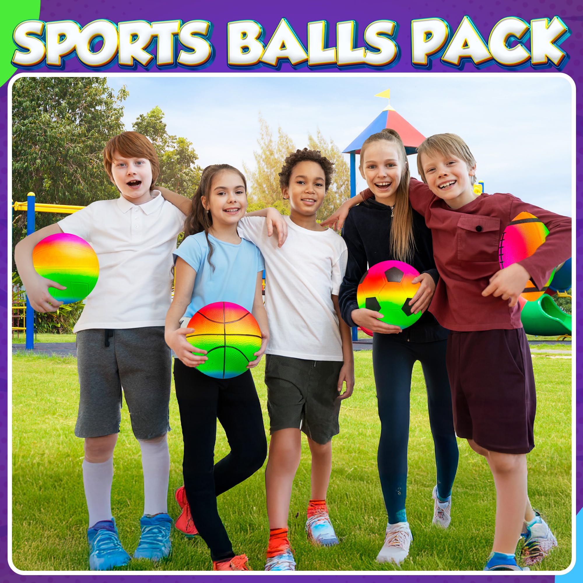 Rainbow Sports Balls for Kids & Toddlers - (Pack of 4) 8.5-Inch Neon Sport Ball Set Includes Football, Soccer, Basketball, & Playground Balls, Inflatable Indoor & Outdoor Fun Toys - Hand Pump Included