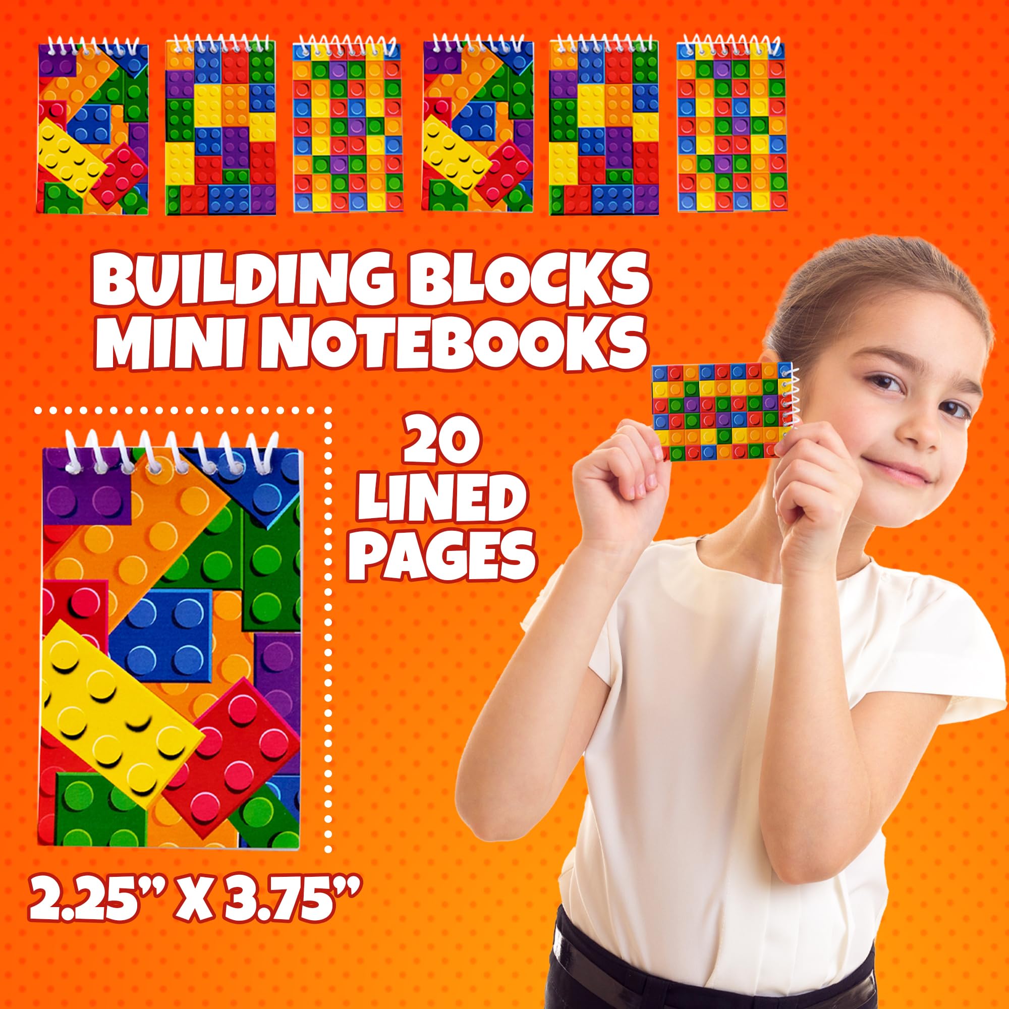 Bedwina Mini Building Block Notebooks (Bulk of 32) Spiral Notepads In Assorted Brick Styles, Mini Notebook for Kids Pocket Size for Birthday Party Favors, Classrooms or Goodie Bag Stuffers