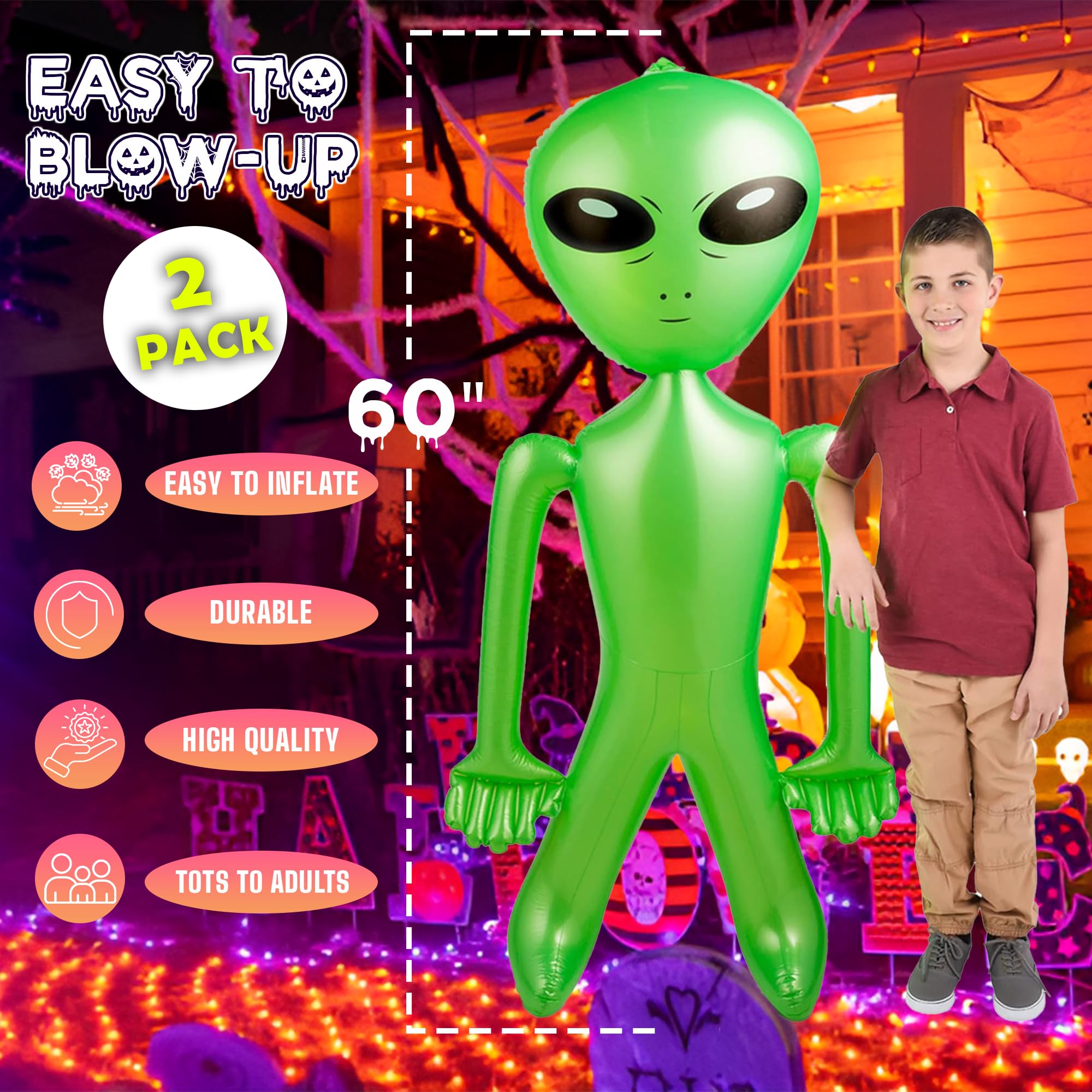 60 Inch (5 Feet) Giant Alien Inflatable - Jumbo Green Alien, for Game Prize, Alien Halloween Decorations Theme Party Favors Photo Prep & Decorations