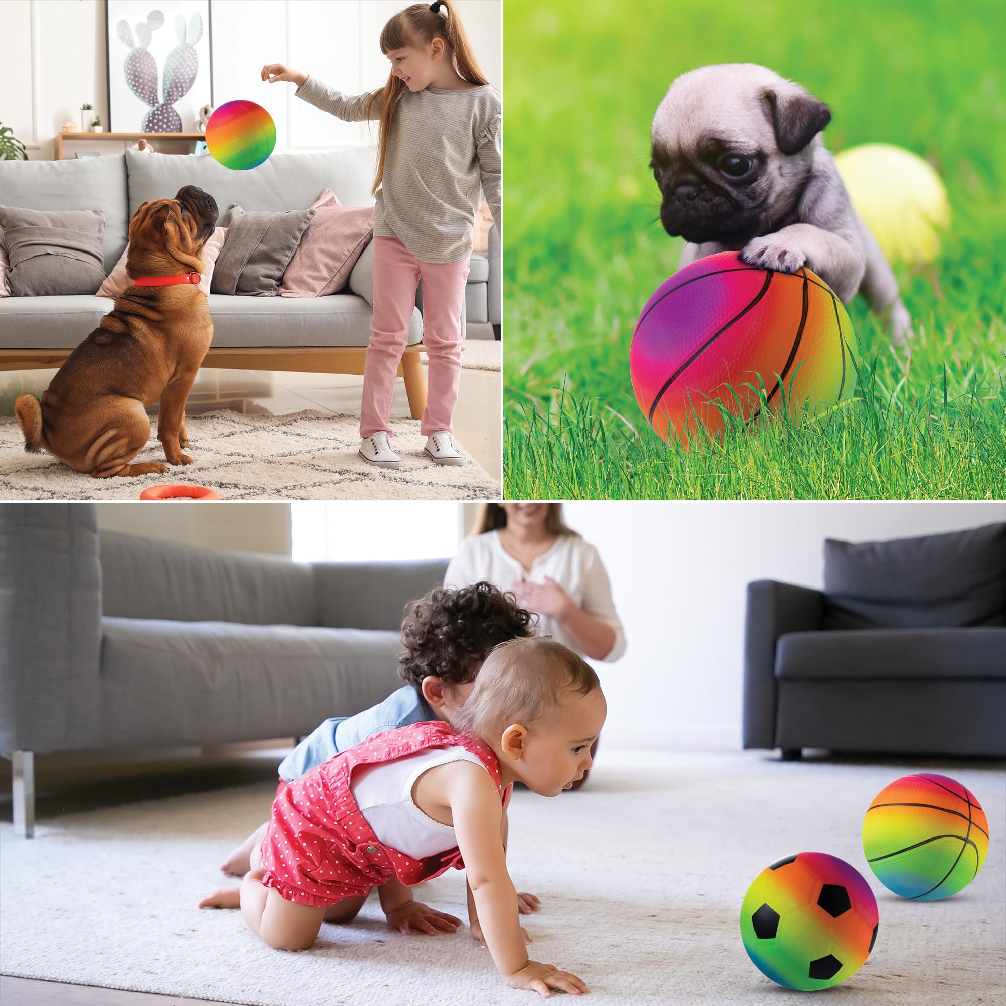 Bedwina Mini Rainbow Sports Balls - 5 Inch (Pack of 4) Inflatable Vinyl Balls for Kids and Toddlers with Hand Air Pump, Basketball, Volleyball, Soccer for Playground, Indoor and Outdoor