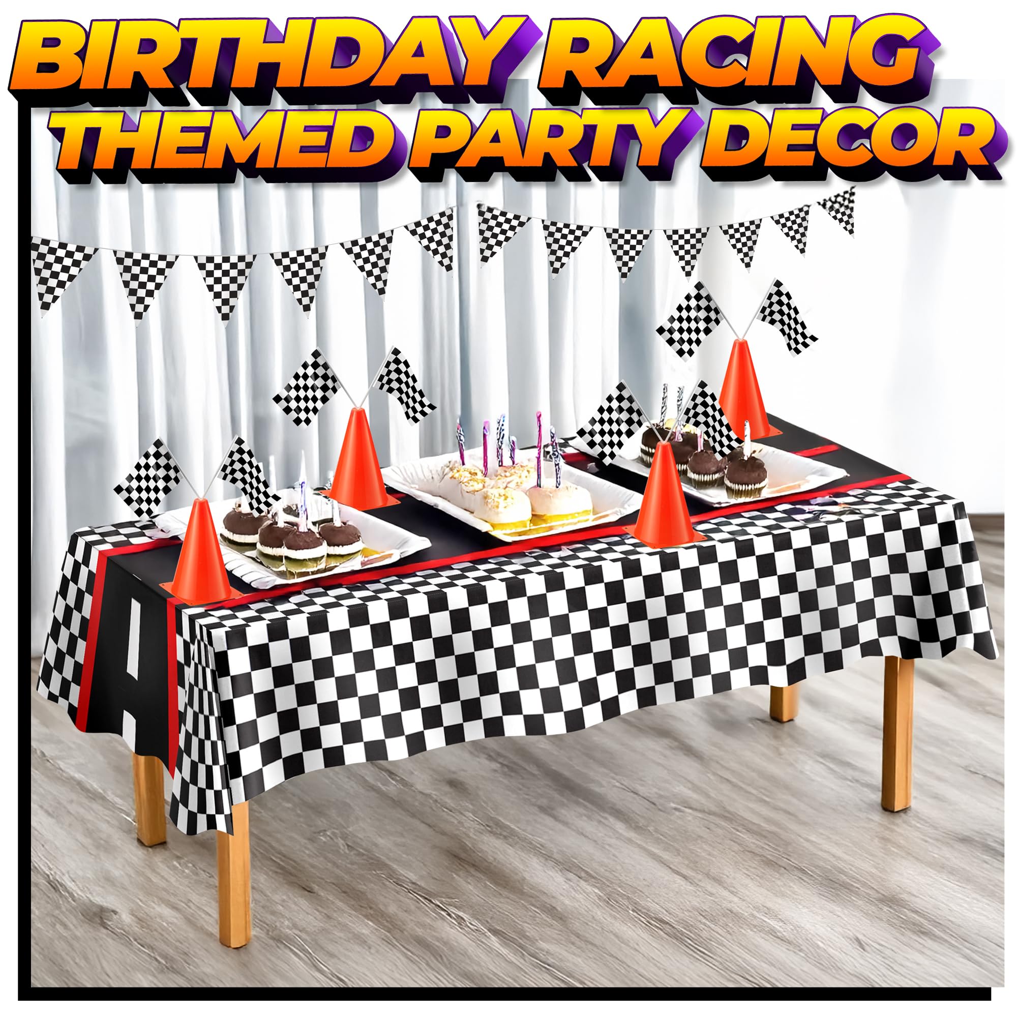 Racing Cars Birthday Decorations - Racecar Centerpiece Decoration Kit for Kids - (12) Orange Traffic Cones, (24) Checkered Flags, Plastic Tablecloth (54"x108") Birthday Banner Race Car Theme (38pcs)