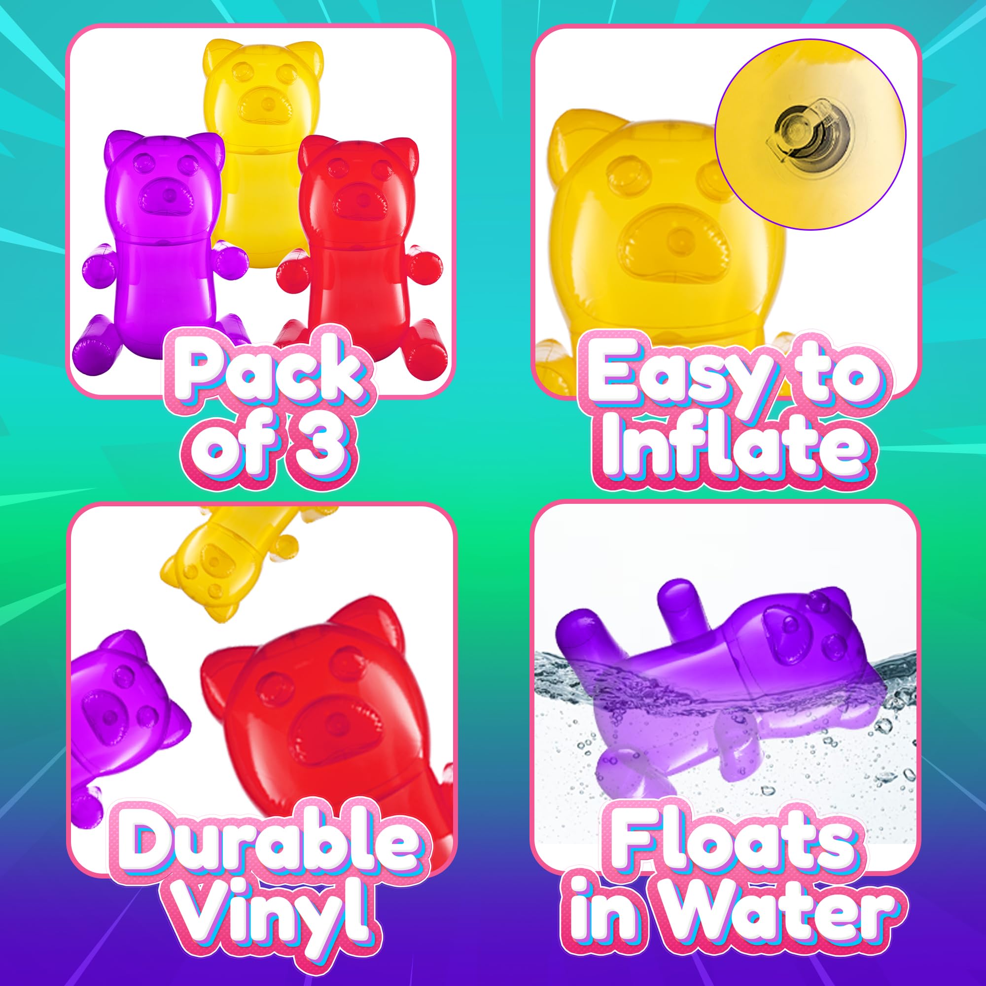 Bedwina 24" Inflatable Gummy Bears (Pack of 3) Big Huge Blow Up Gummy Bear Pool Toy Decorations, Birthday Party Supplies and Themed Candy Land Party Favors for Kids