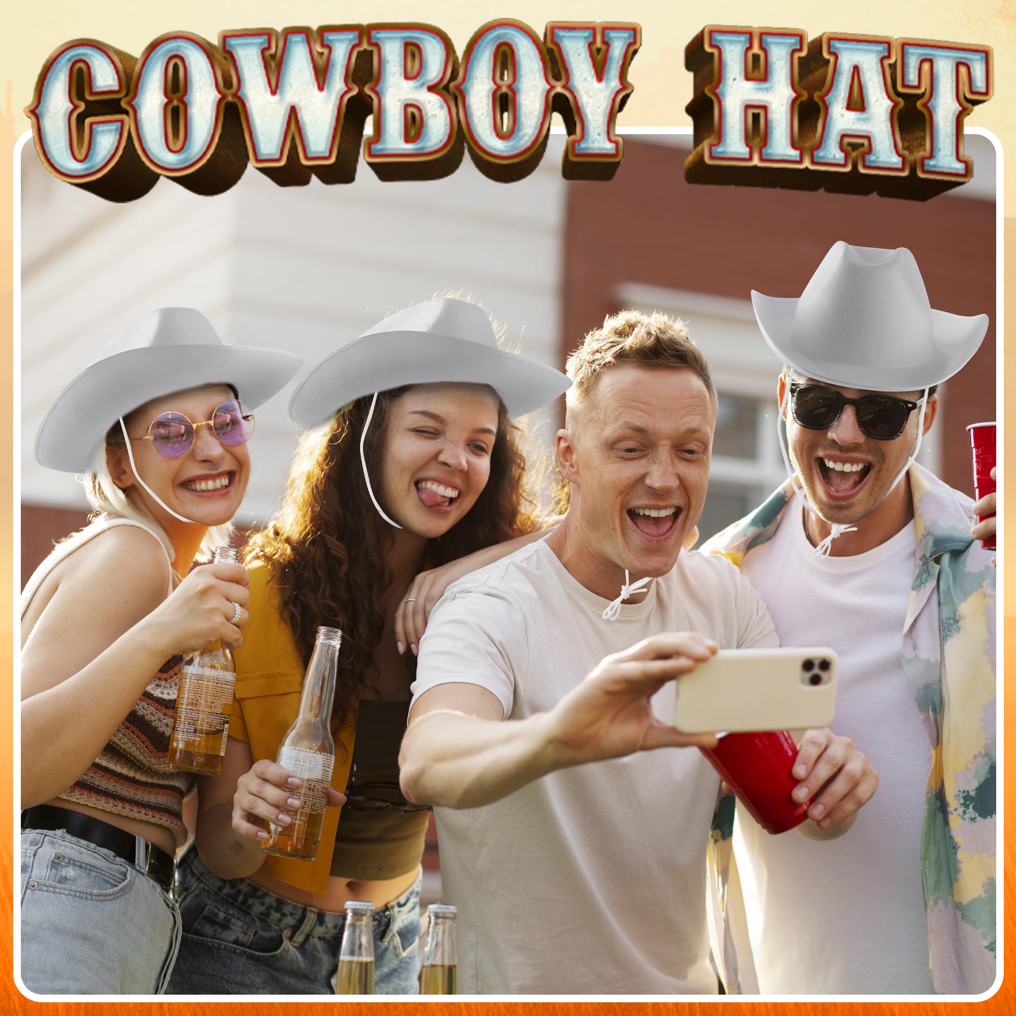 Bedwina White Cowboy Hats for Adults & Teens - (2 Pack) Felt Western Cowgirl & Cowboy Hats with Adjustable Chin Strap - Costume Accessory for Dress-Up, Rodeo, Party, Play, Festivals, Girls & Boys