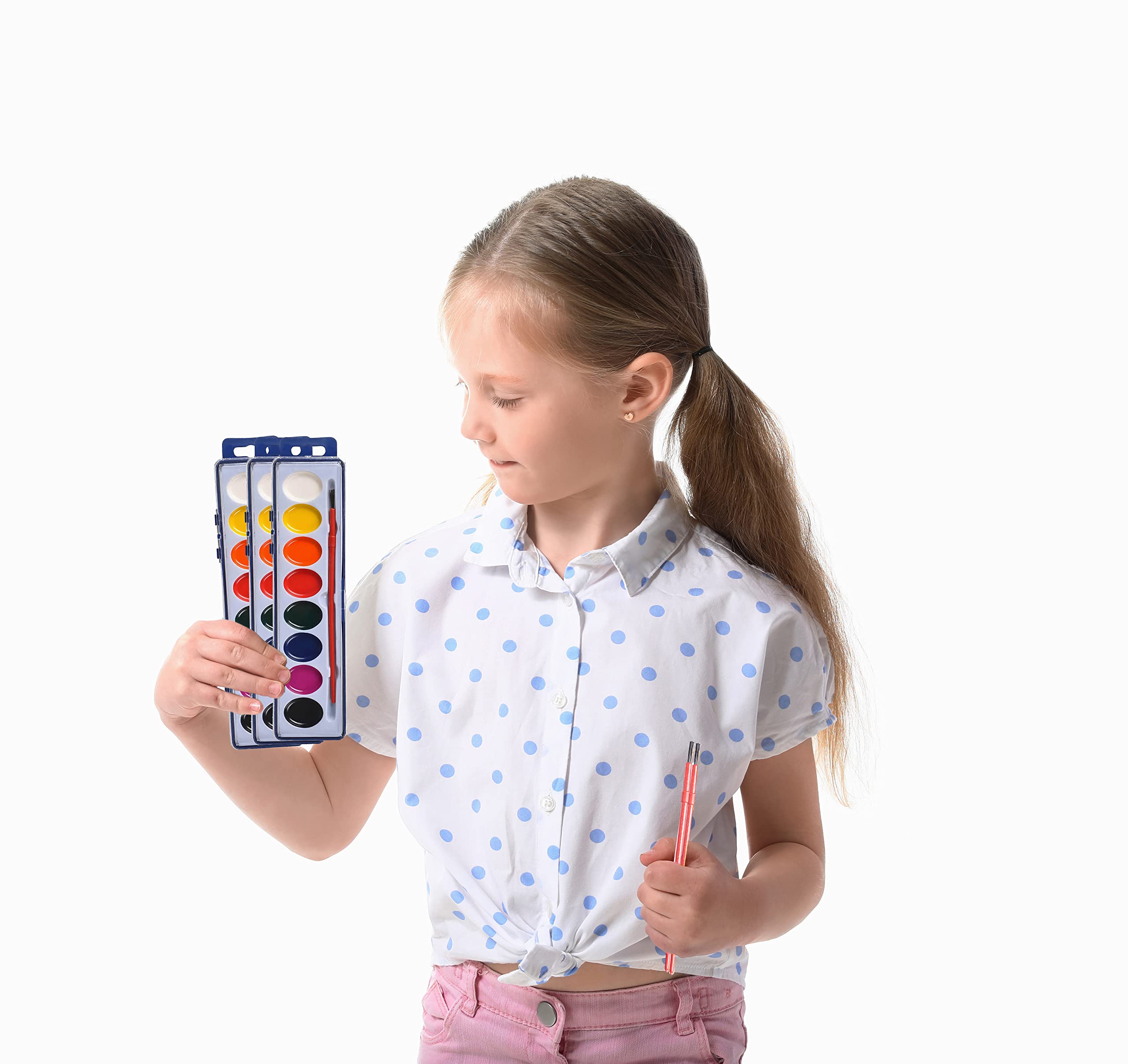 Bedwina Watercolor Paint Set- Bulk Of 24 Sets - 8 Water Color Washable Paints, Palette Tray and Painting Brush, for Art Schools and Paint Party Supplies