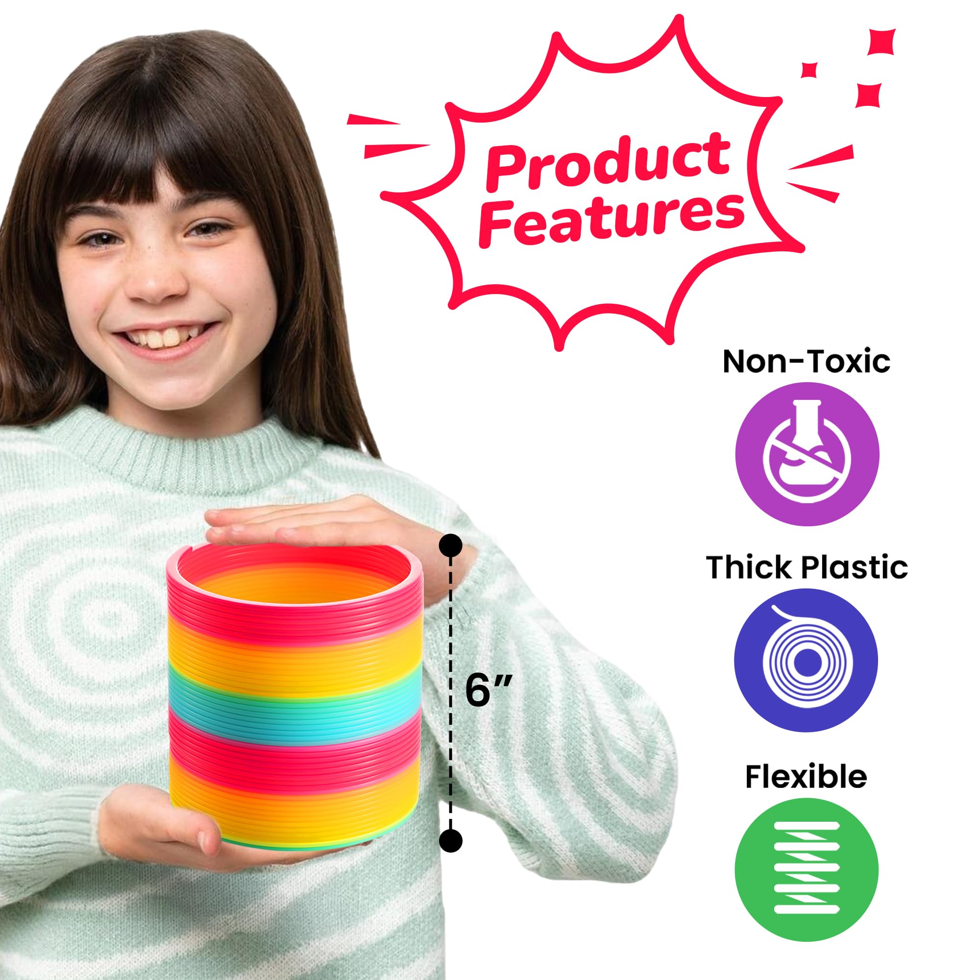Jumbo Rainbow Spring Coil Toy - 6" Plastic Giant Spring Coil Toys for Kids, Big Spring Toys for Boys and Girls, Neon Colorful Rainbow Coil Spring for Party Favor, Great for Prizes, Gifts, Birthday