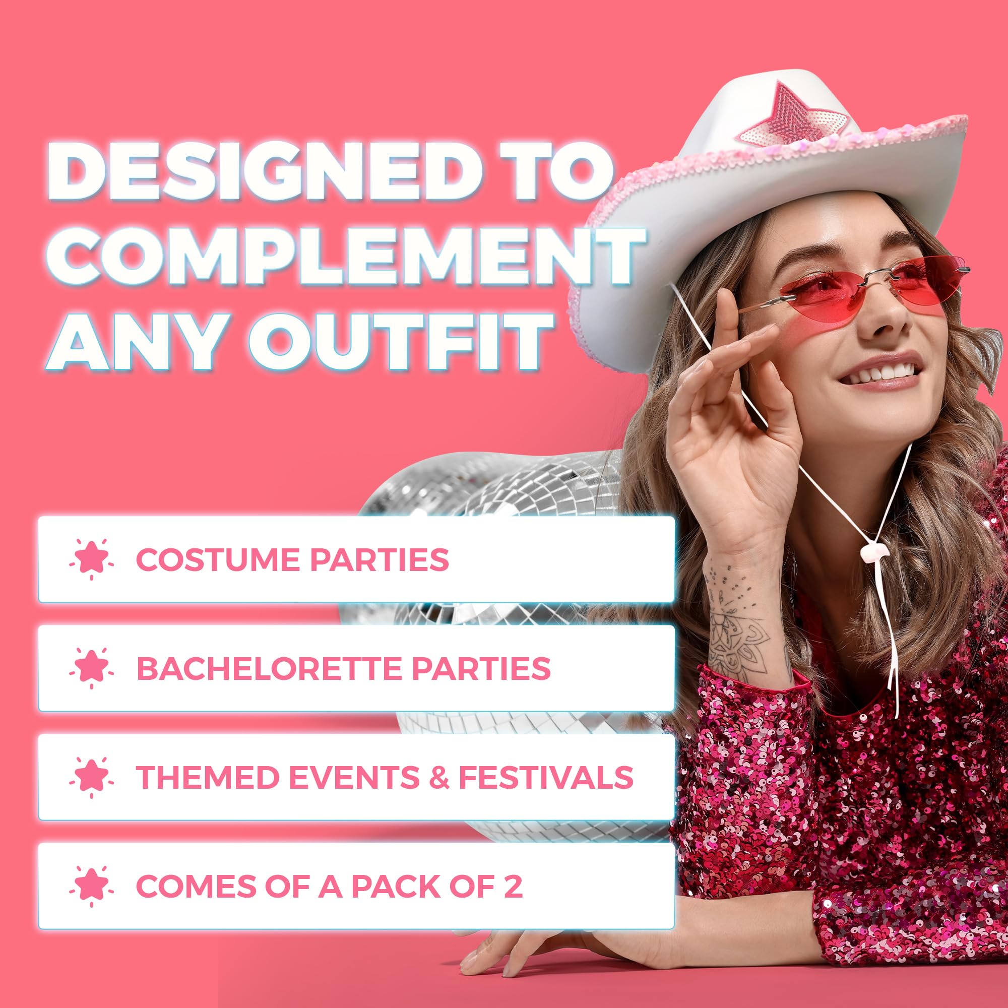 Bedwina Cowgirl Hat - Felt Cowboy Hat Adult Size Fits Most Women & Adults, for Bachelorette, Play Costume, Party, Dress-Up