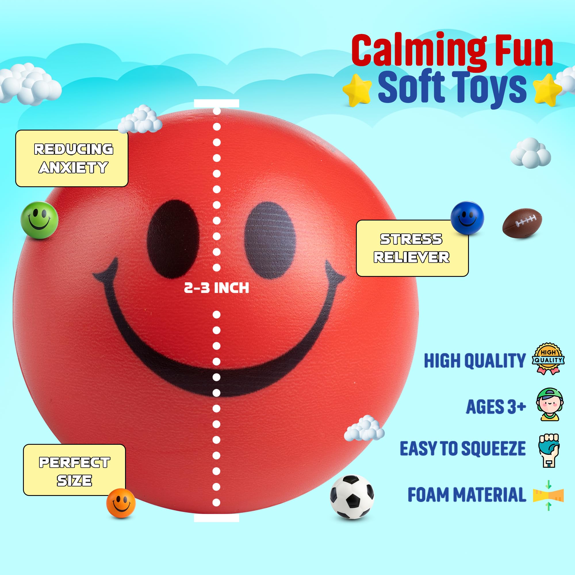 Bulk Mini Stress Balls for Kids (Bulk 300 Pack) 2-3 In Soft Squeezable Squishy Fidget Toys Balls, Variety of Shapes & Colors for Kids Party Favors & Goody Bag Stuffers, Birthday Gifts for Boys & Girls