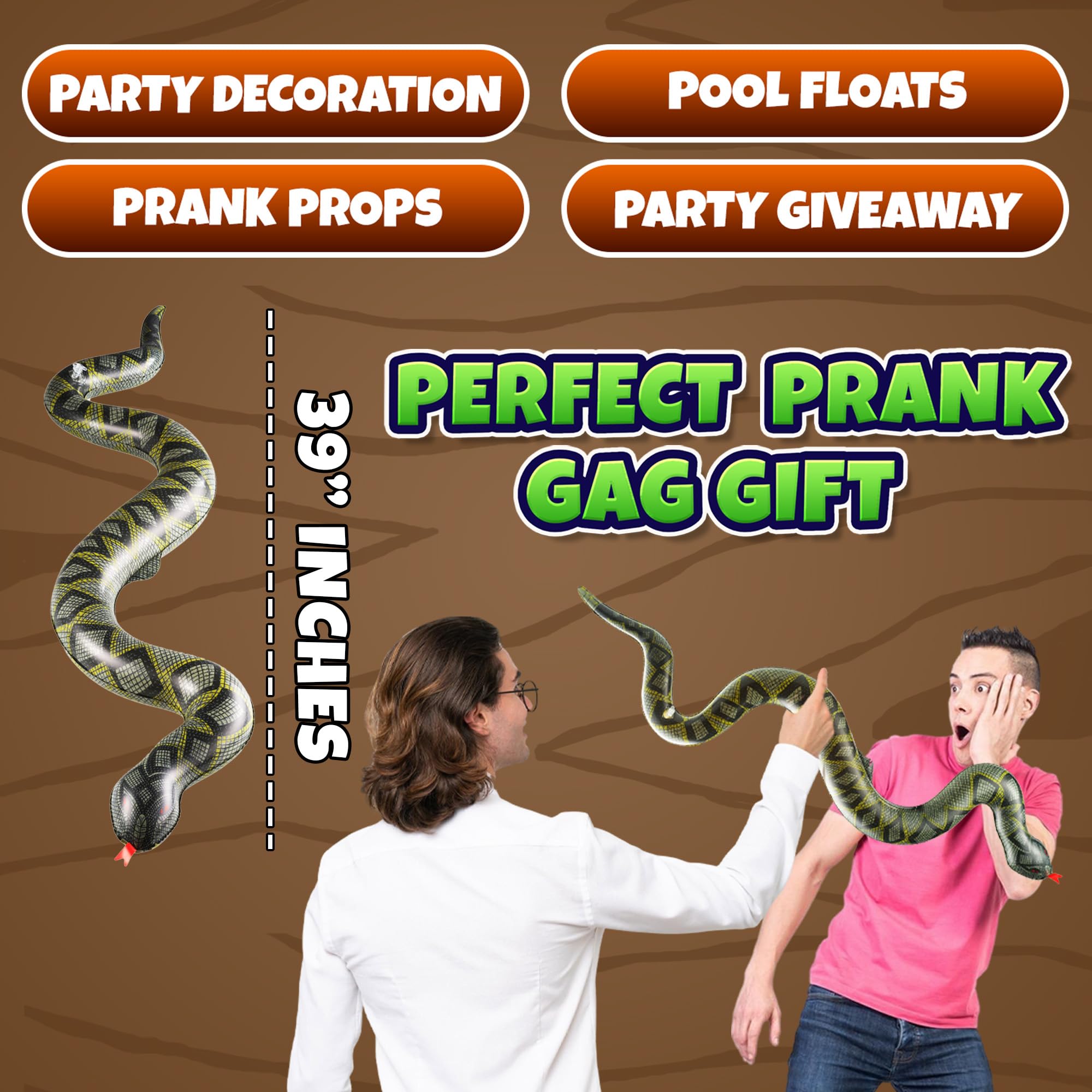 Inflatable Fake Snake Toys (3 Pack) - 39 Inch Blow Up Snakes for Pool Floats, Jungle Party, Rainforest, Reptile & Safari Theme, Inflatable Animal Party Decorations & Supplies