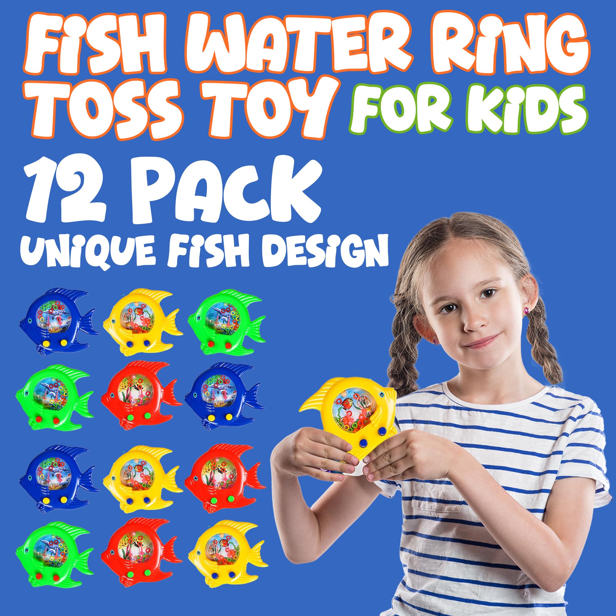Fish Water Ring Toss Toy - (Pack of 12) Water Ring Game Handheld Fun Aqua Arcade Retro Game Pocket Travel Toys for Car Road Trip Activities for Kids Birthday Party Favors Goodie Bags Stuffers for Kids