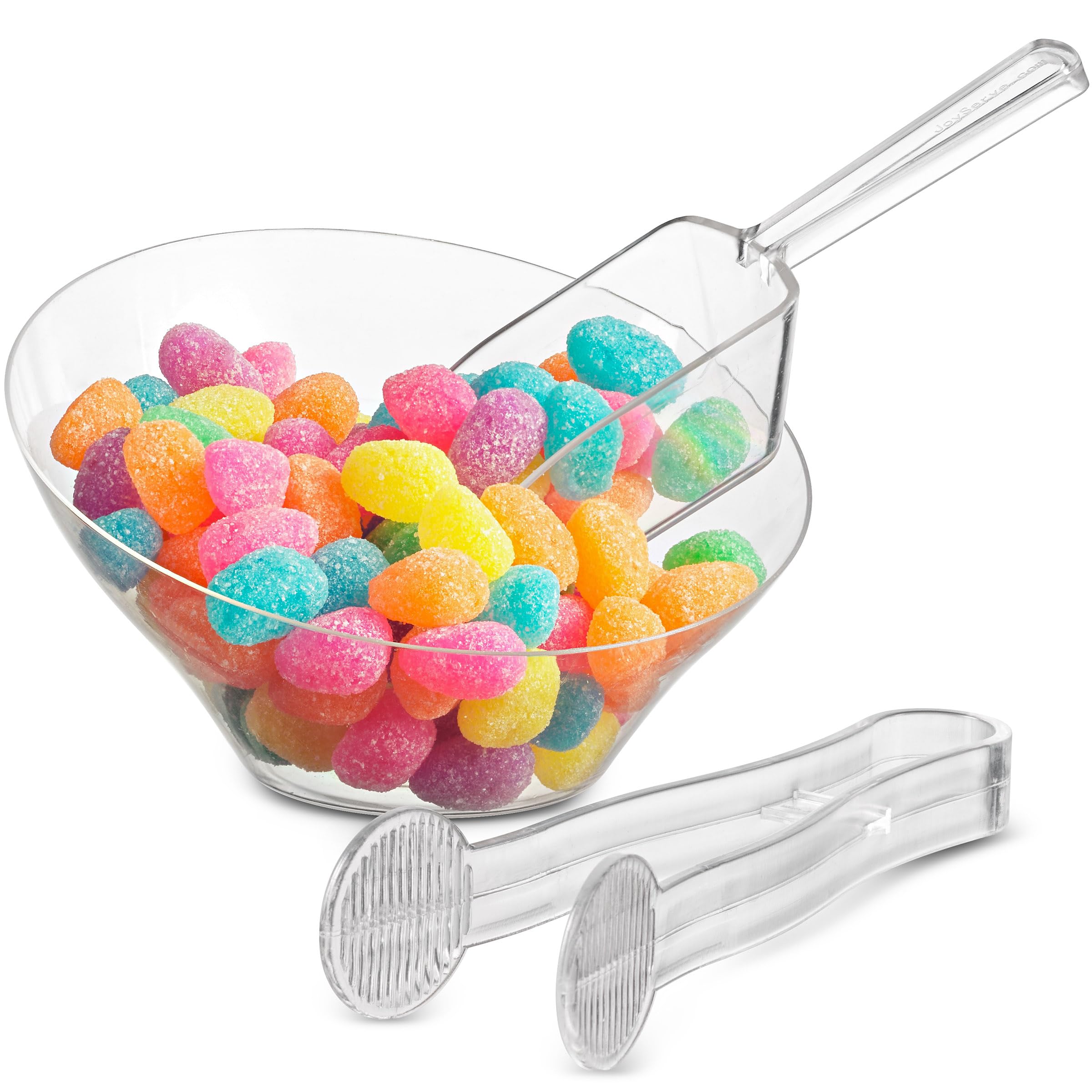 6 oz Clear Plastic Dessert Bowls (16 Pcs) with (8) Scoops and (8) Tongs, Angled Hard Disposable Ice Cream Bar Cups and Candy Buffet Containers Set for Serving Food, Appetizers, Buffets, Party Supplies
