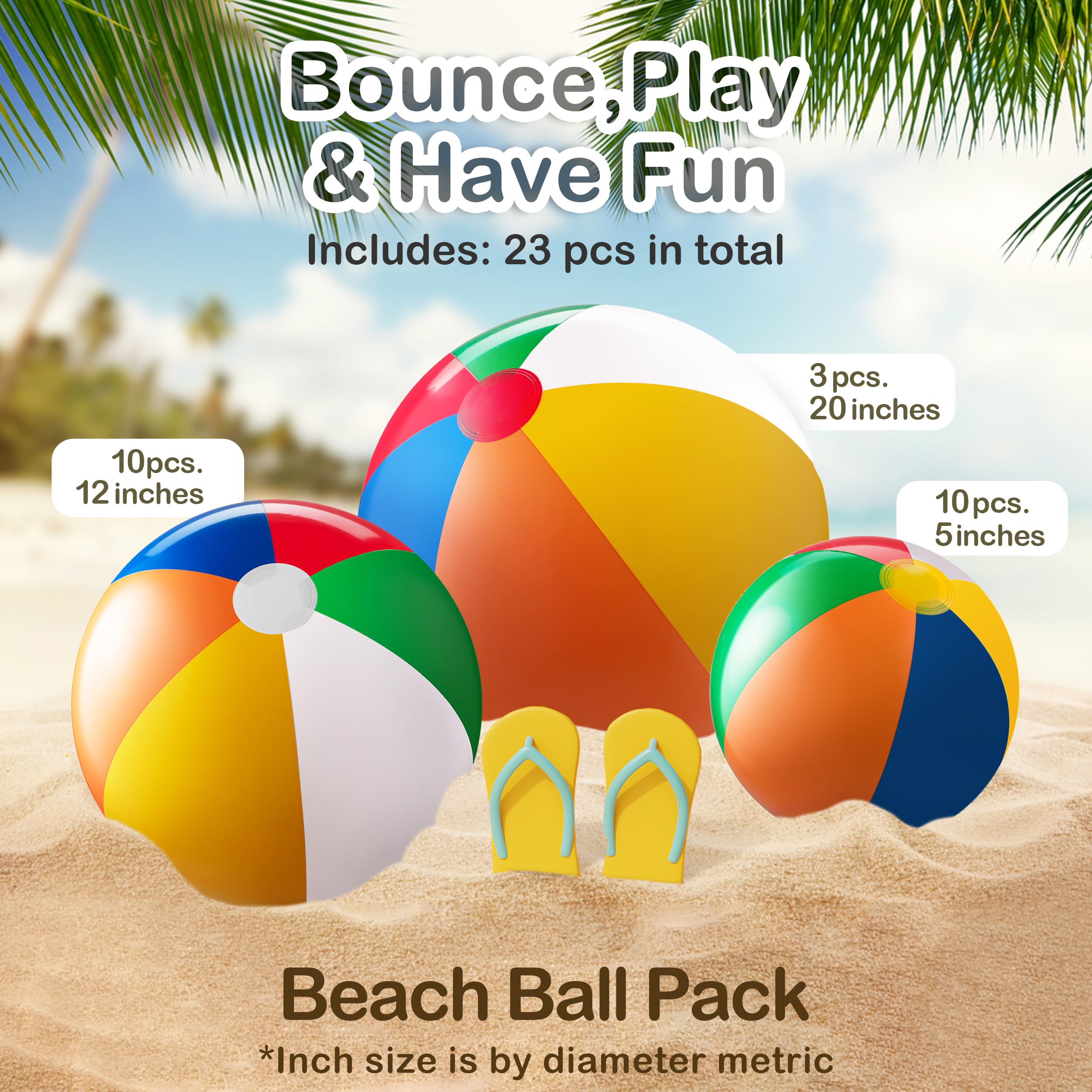 Bedwina 23 Pcs Rainbow Beach Balls Bulk Variety Pack - (10) 5-inch, (10) 12-inch, (3) 20-inch Sizes Large Beach Ball - Inflatable Vinyl Pool Toys for Kids, Themed Party & Pool Party Decorations