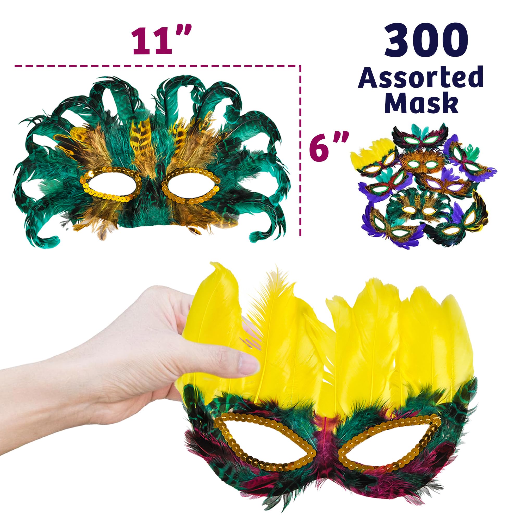 Bedwina Mardi Gras Masks - (Pack of 300) Bulk Carnival Masquerade Mask Costume Party Supplies, Feather Mardi Gras Decorations for Women, Men and Kids