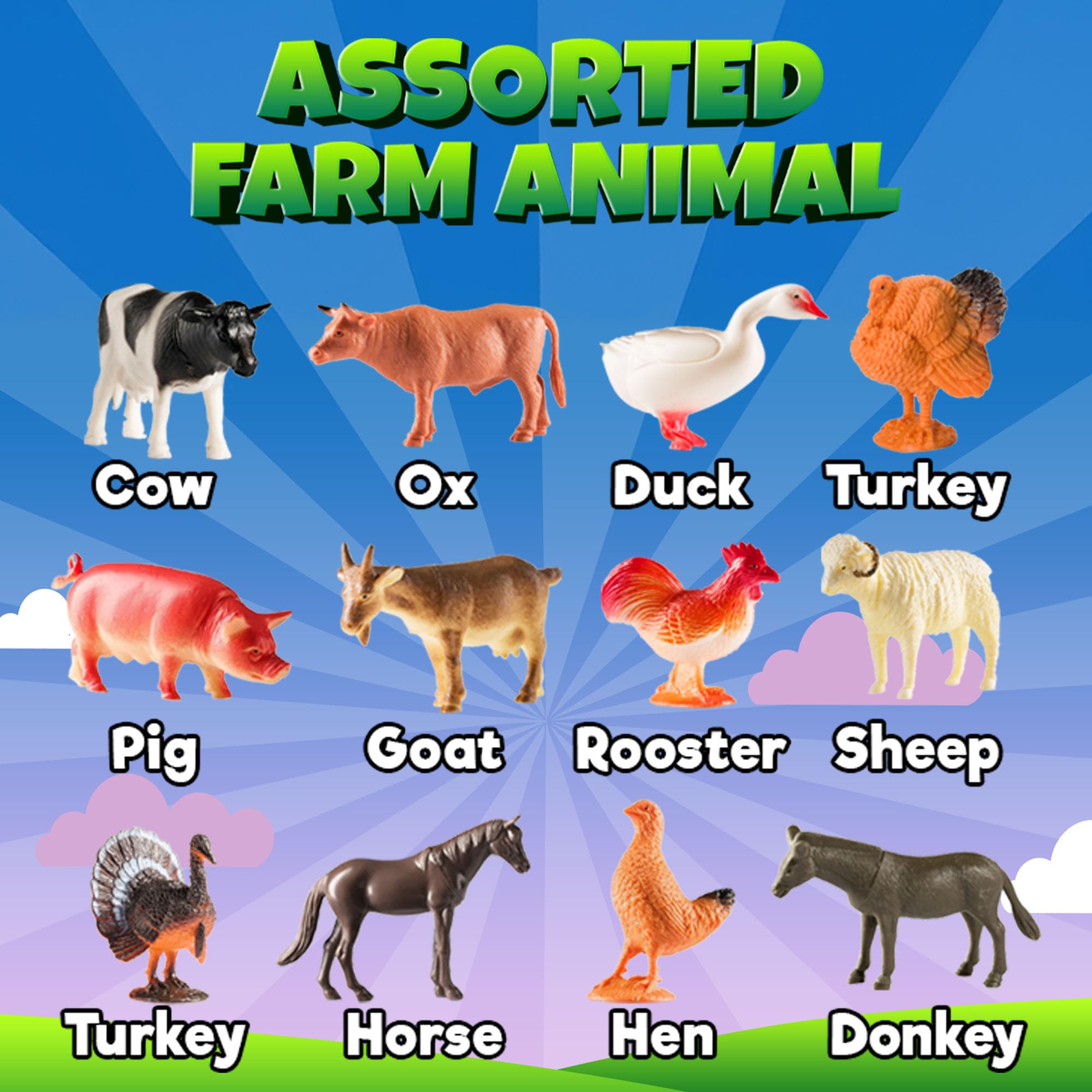 Bedwina Large Farm Animal Toys - 12 Pack - Plastic Farm Animals for Kids, Realistic 3-5 Inch Ranch / Barnyard Toy Figures Styles Include Sheep, Horse, Goat, Duck, Chicken, Turkey, Cow, Pig