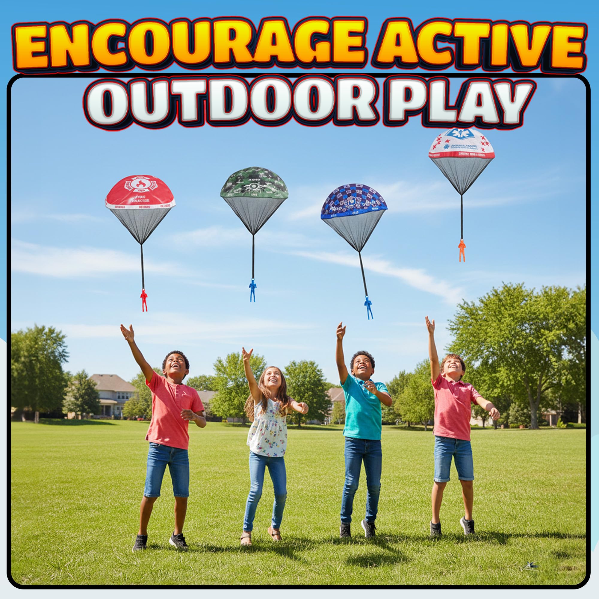 Parachute Men Toys for Kids - (Pack of 4) Police, Army, Firefighter & EMT Figures w/ Tangle-Free Parachutes - Outdoor Flying Toys for Kids, Party Favors, Birthday Gifts for Boys & Girls Ages 3+