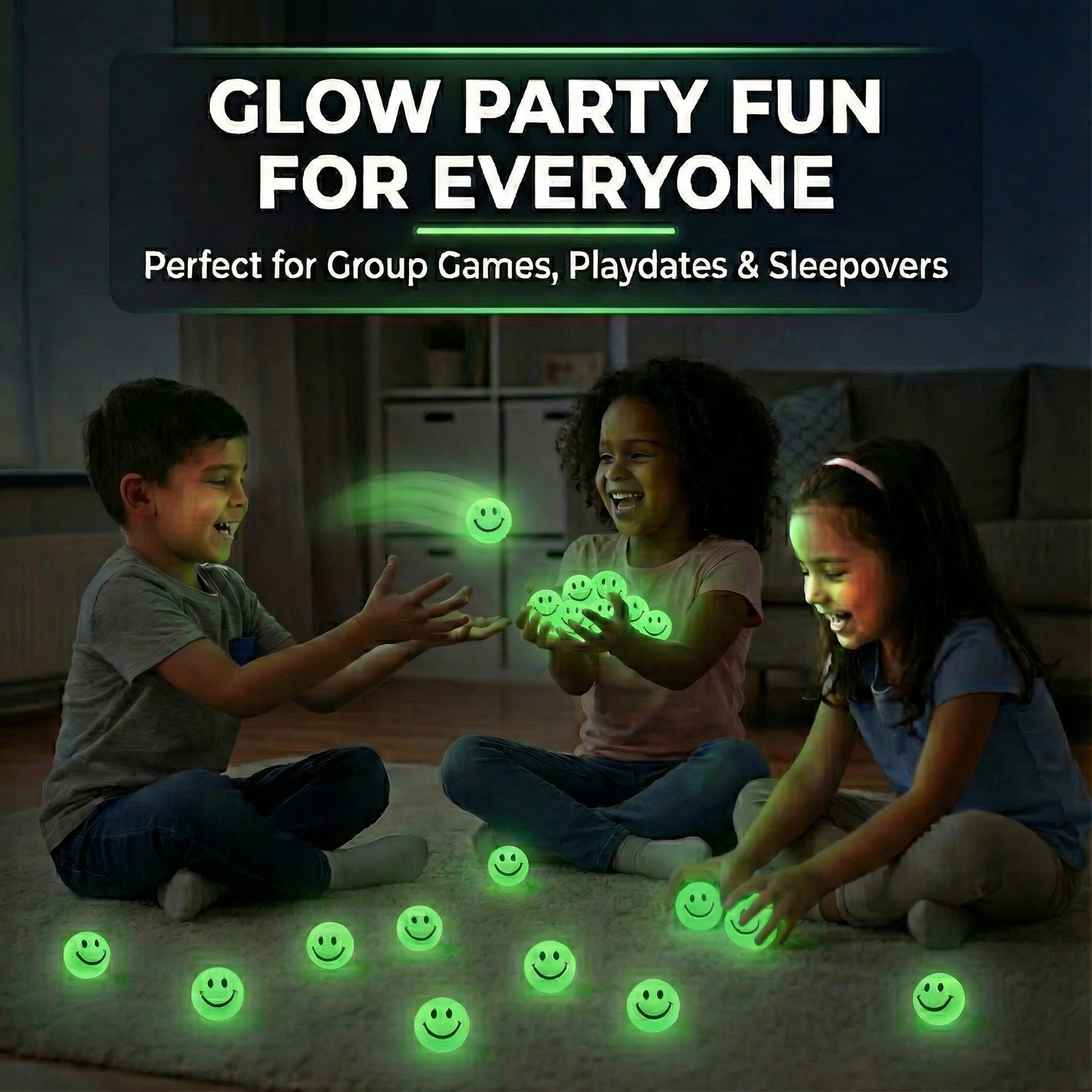 Bedwina 144 Pcs Bulk Bouncy Balls Glow in The Dark - (1inch / 27mm) Diameter, High Bouncing, Small Rubber Smile Face Bouncing Balls for Kids, Vending Machines, Valentine's Day Goodie Bag, Party Favor