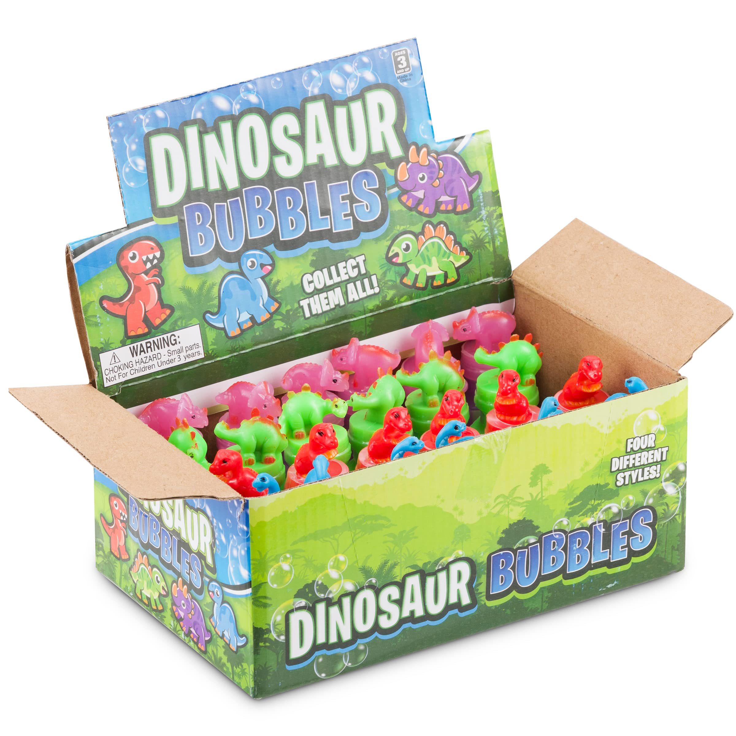 Dinosaur Bubbles Party Favors for Kids - (24-Pack Bulk) Assorted 3-Inch Dino Bubble Bottles with Bubble Wands, Outdoor Summer Toy for Birthday Goodie Bags, Easter Baskets & Prizes