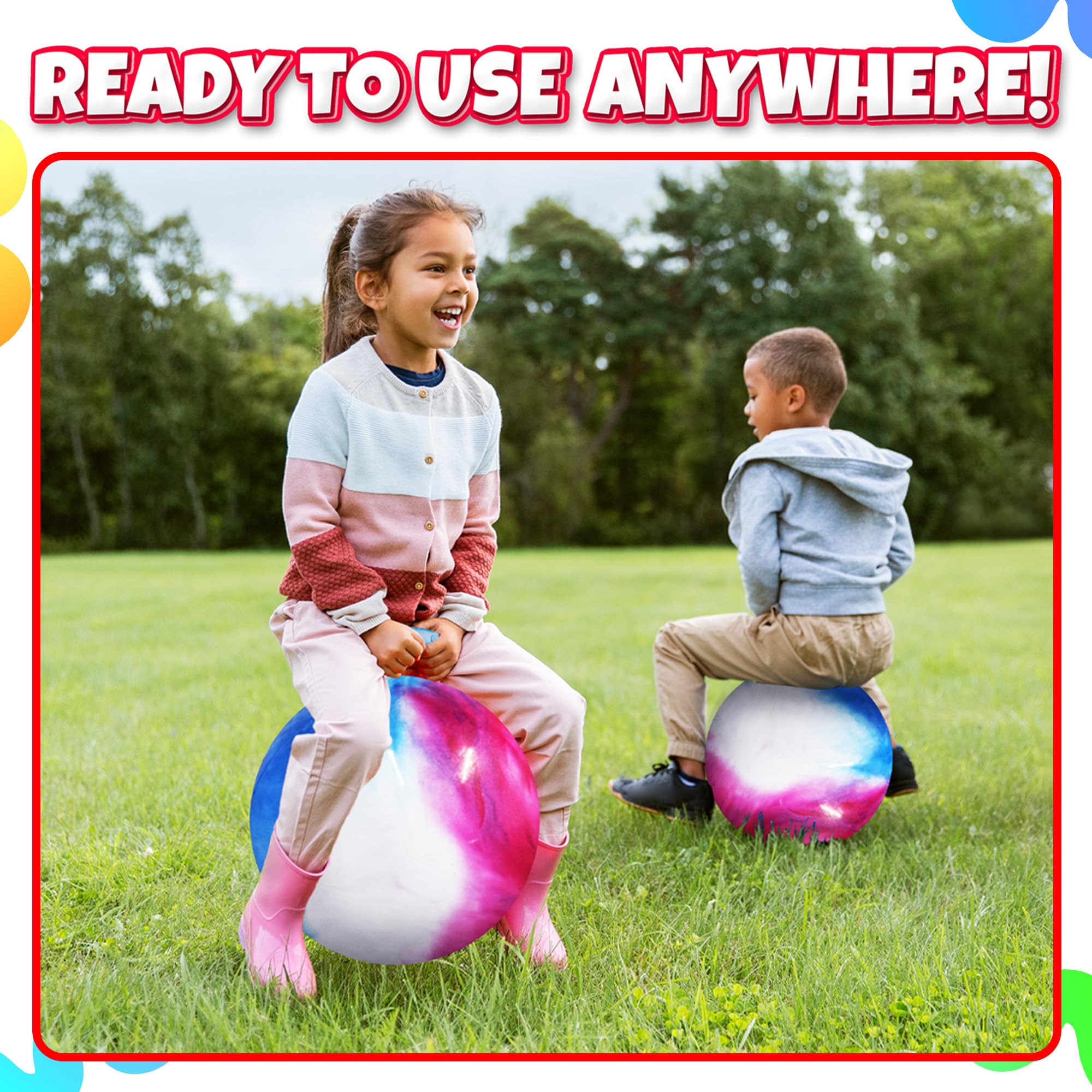 Bedwina Hopper Ball with Handle for Kids 20-inch (50cm) Bouncy Balls for Kids, Jumping Kangaroo Hippity Hop, Hopping Sit and Spin with Handle with Hand Pump, Marble Blue/Red/White