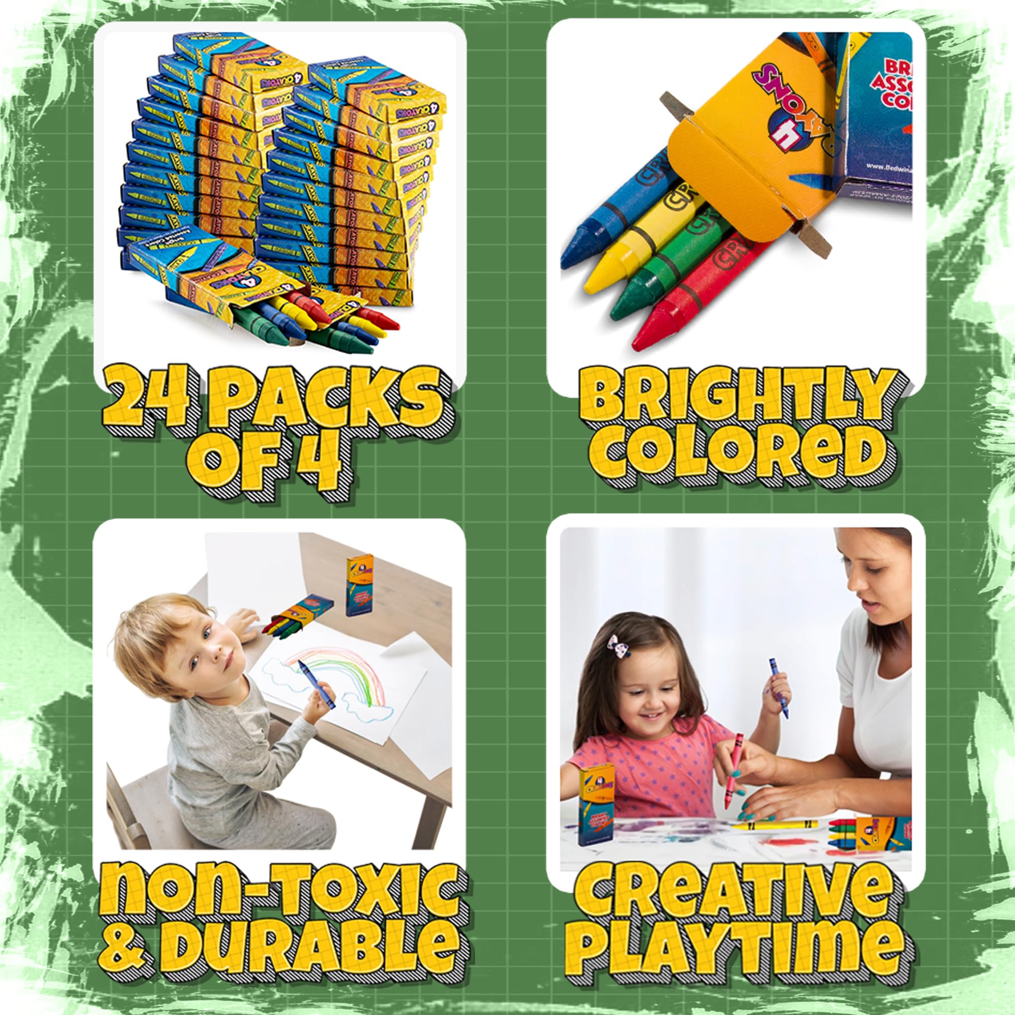 Bedwina Bulk Crayons - 96 Crayons! 24 Pack - 4 - Per Pack, Premium Colors for Kids and Toddlers, Non-Toxic, for Party Favors, Restaurants, Goody Bags, Stocking Stuffers
