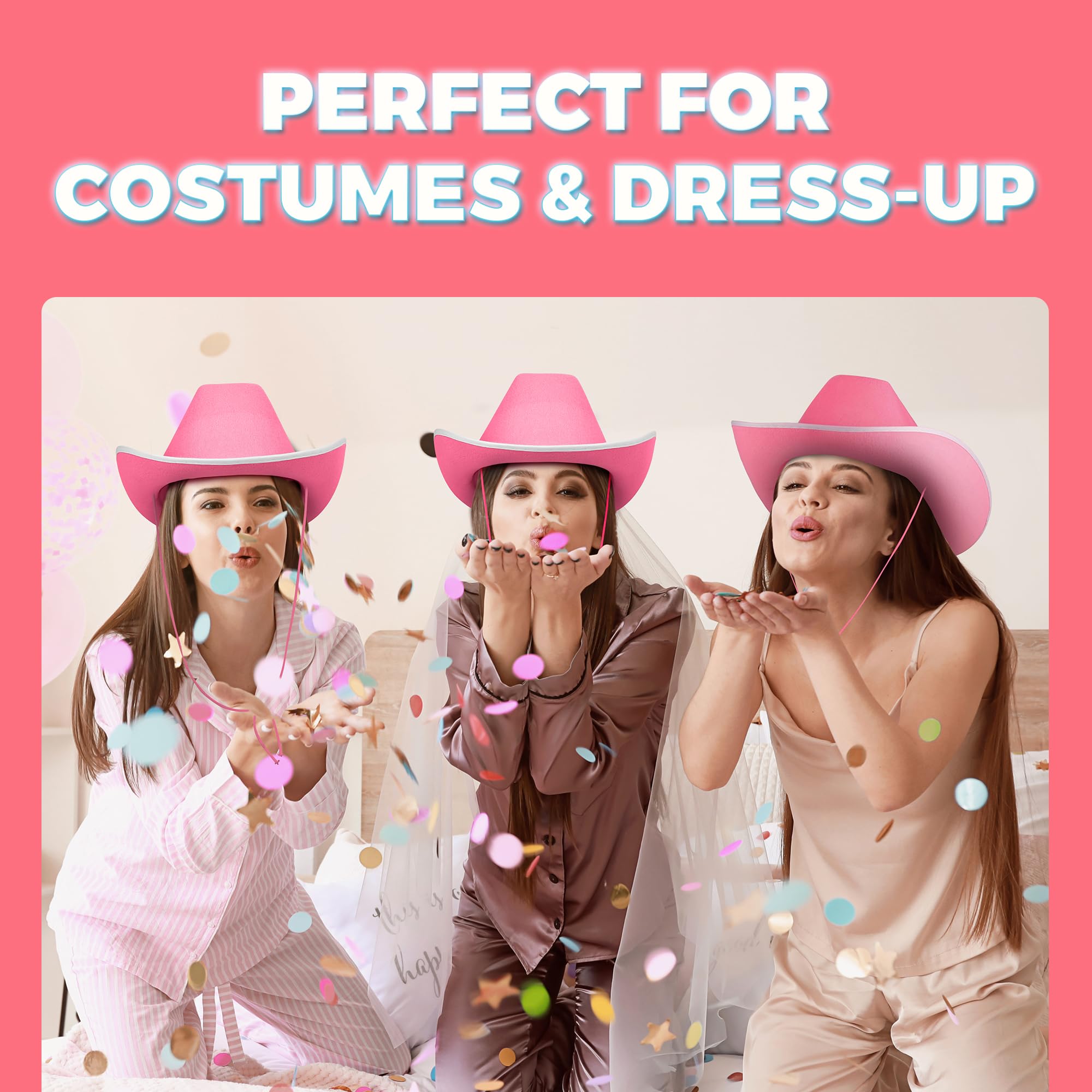 Bedwina Pink Cowgirl Hat for Women & Girls - Felt Western Cowboy Hat with White Trim & Adjustable Chin Strap - Bachelorette, Dress-Up, Rodeo, Costume Accessory, Party Favor, Themed Events