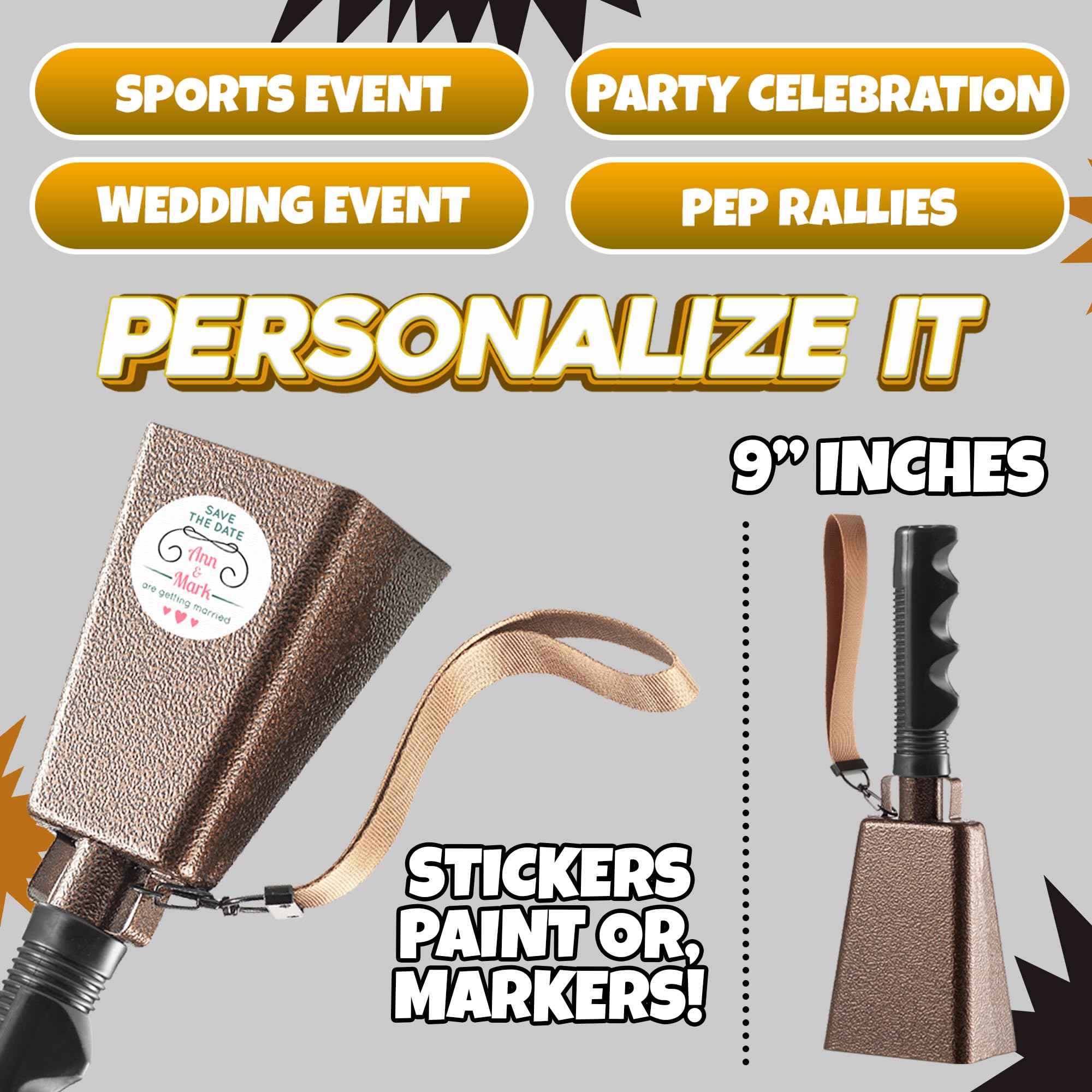 9" Metal Cowbells with Handle - (2 Pack) Cow Bells Loud Cheering Noise Makers for Sporting Events, Football Games, School Spirit, Rallies & Celebrations - Copper Steel Percussion Music Instrument