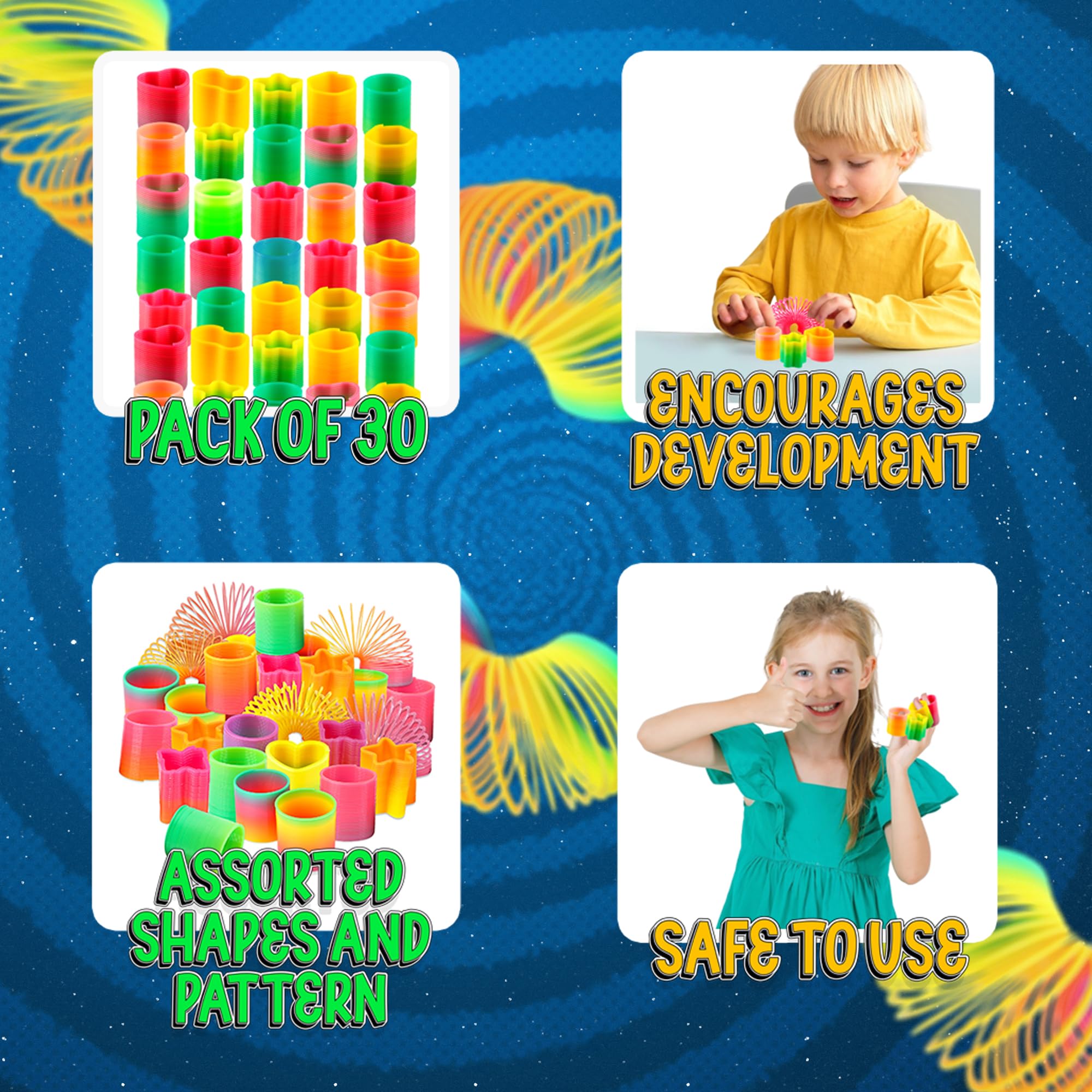 Bedwina Rainbow Spring Toy Assortment - (Pack of 30) Mini Plastic Coil Spring Toy - Bright Colors and Shapes, Goody Bag Filler, Party Prizes and Stocking Stuffers for Kids