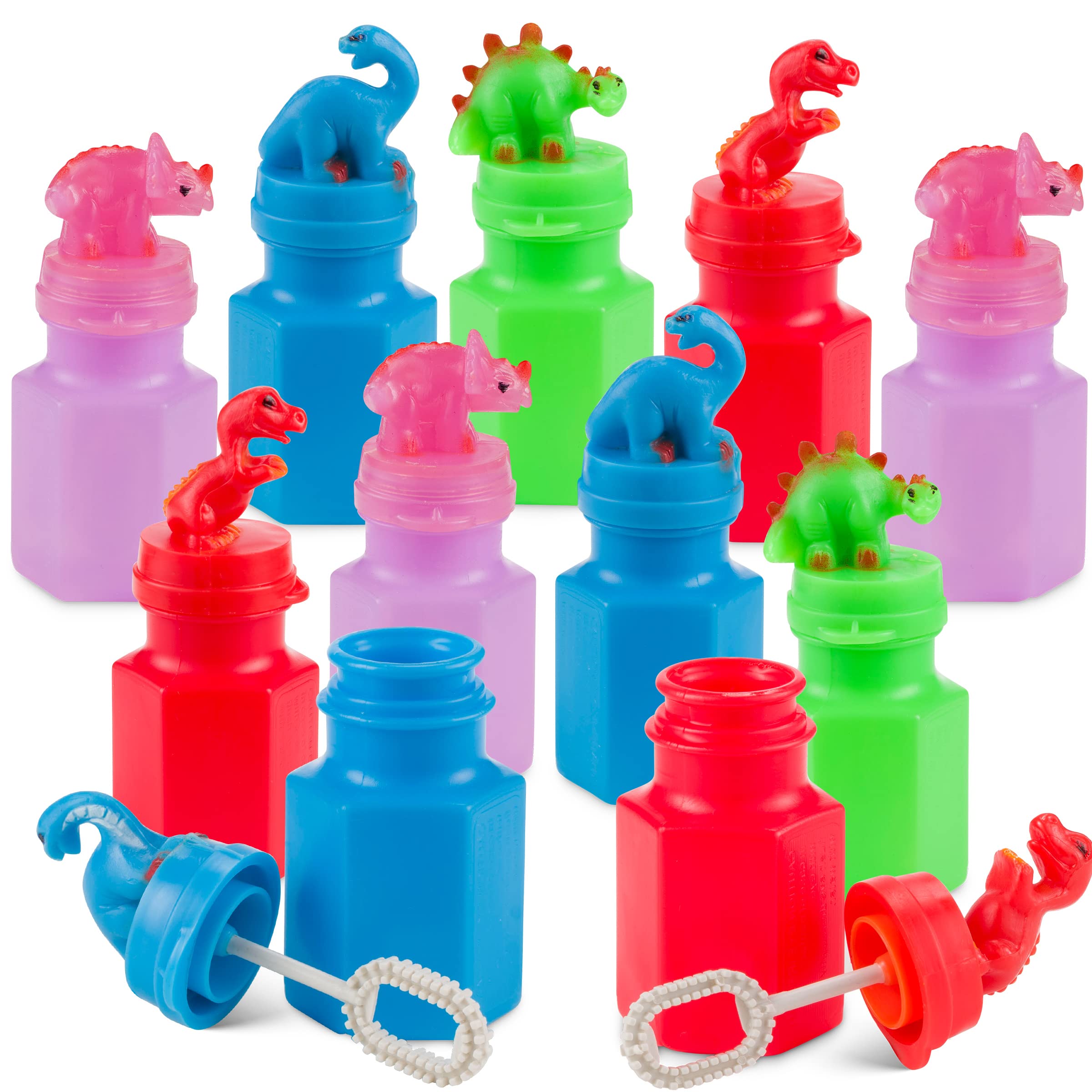 Dinosaur Bubbles Party Favors for Kids - (24-Pack Bulk) Assorted 3-Inch Dino Bubble Bottles with Bubble Wands, Outdoor Summer Toy for Birthday Goodie Bags, Easter Baskets & Prizes