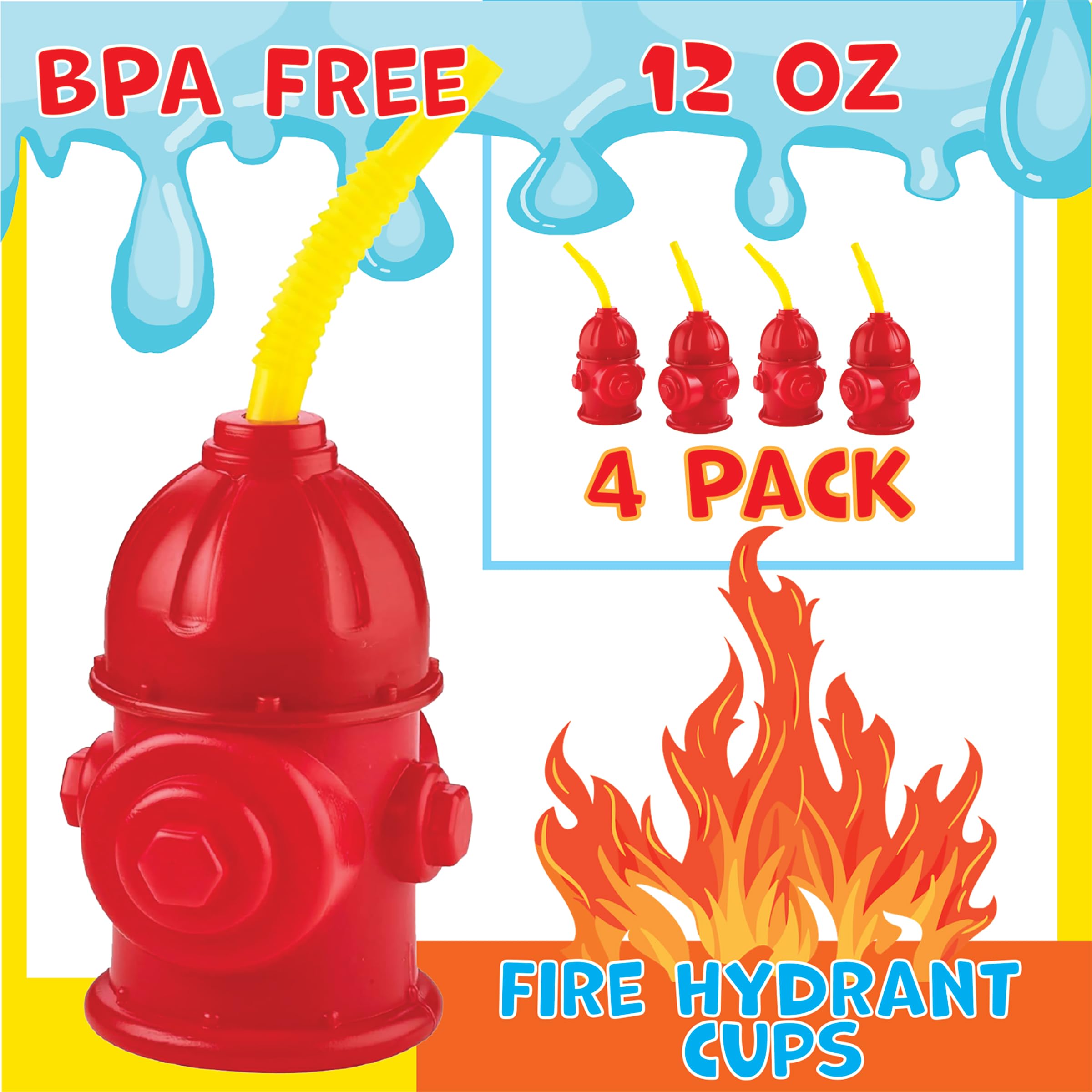 Bedwina Straw Fire Hydrant Cups with Lids - (Pack of 4) Reusable 12 oz, Red Plastic Fire Truck Party Supplies Cups and Firefighter Birthday Party Favors for Kids