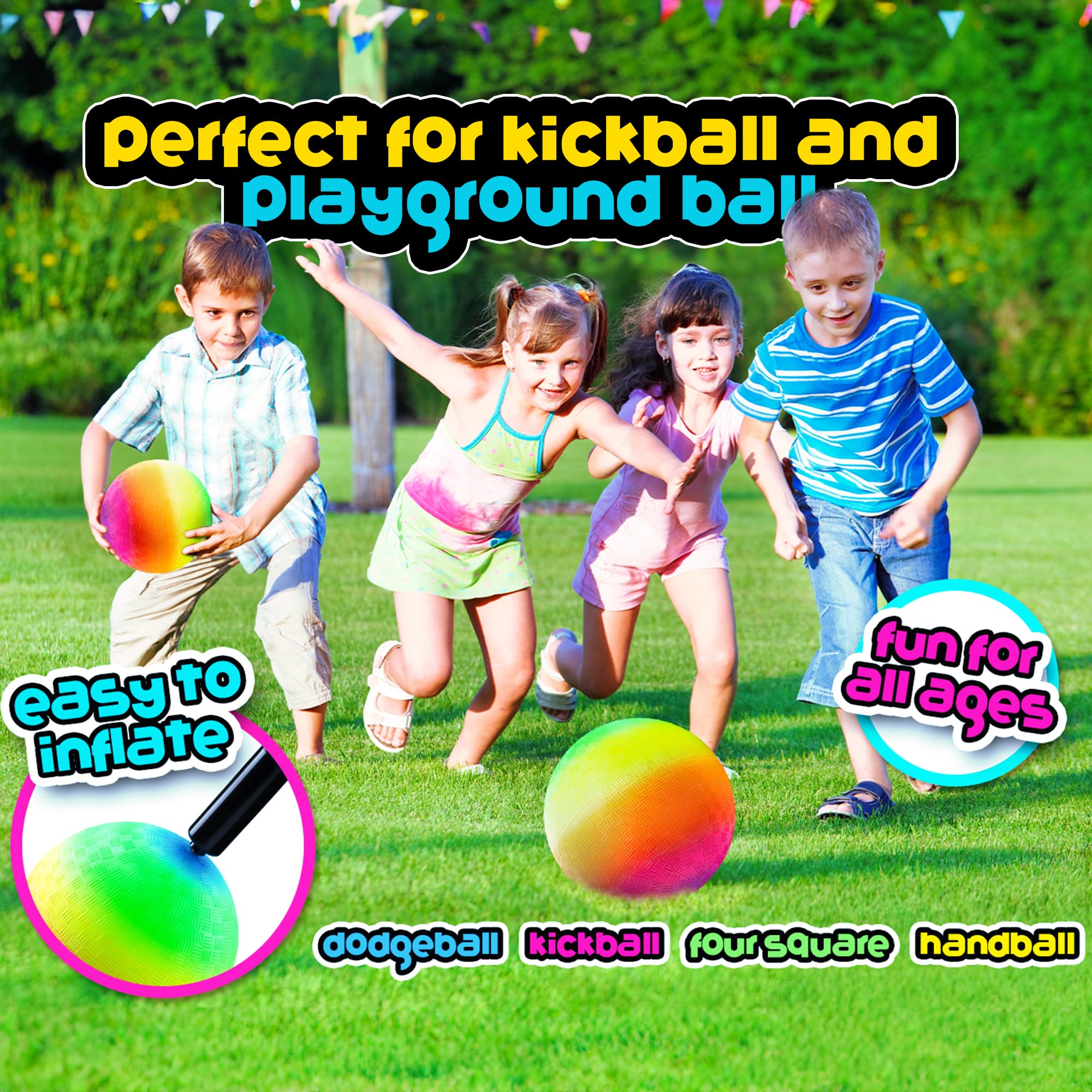 Bedwina Rainbow Playground Balls - 8.5Inch - Rubber Bouncy Inflatable Balls for Kids and Adults, Indoor and Outdoor Games, Kickball, Dodgeball, Four Square, Dodge Ball, Handball