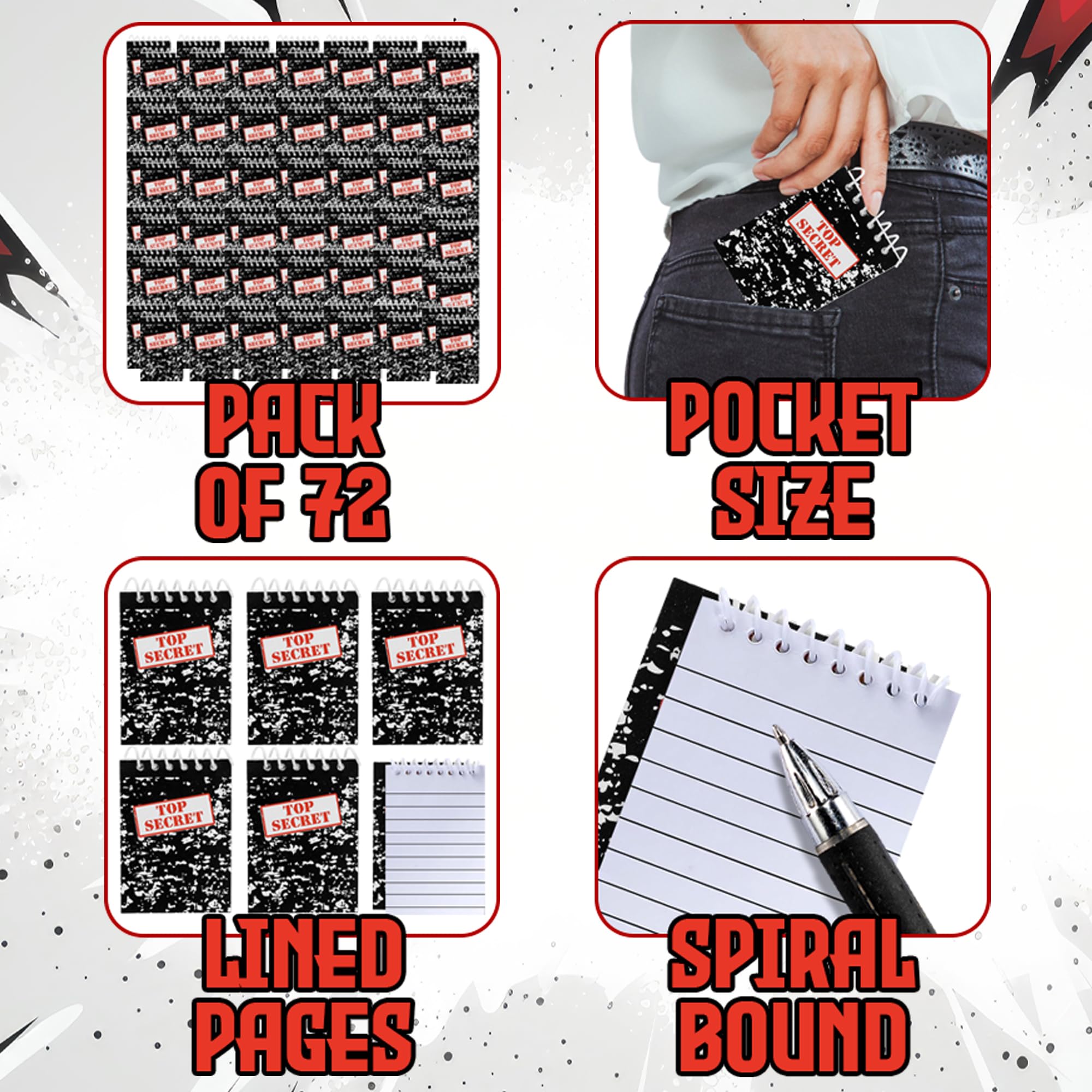 Bedwina Top Secret Mini Notebooks for Kids Party Favors - (Pack of 72) Spiral Small Notebook Pads for Murder Mystery Party Decor, Secret Agent Spy or Crime Detective Themed Parties, Goody Bag Notepads